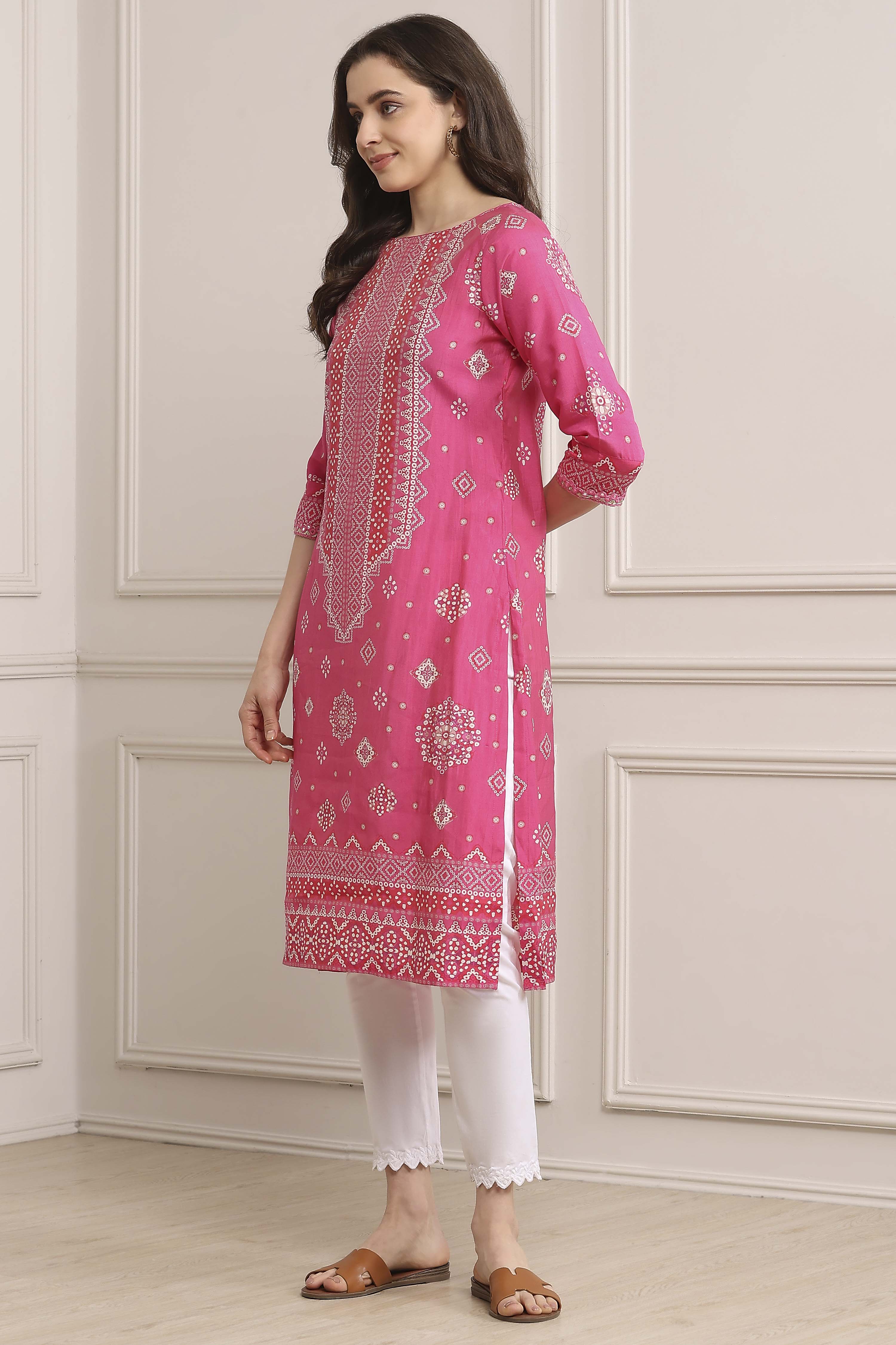 Deep Fuchsia Rayon Straight Printed Kurta image number 2