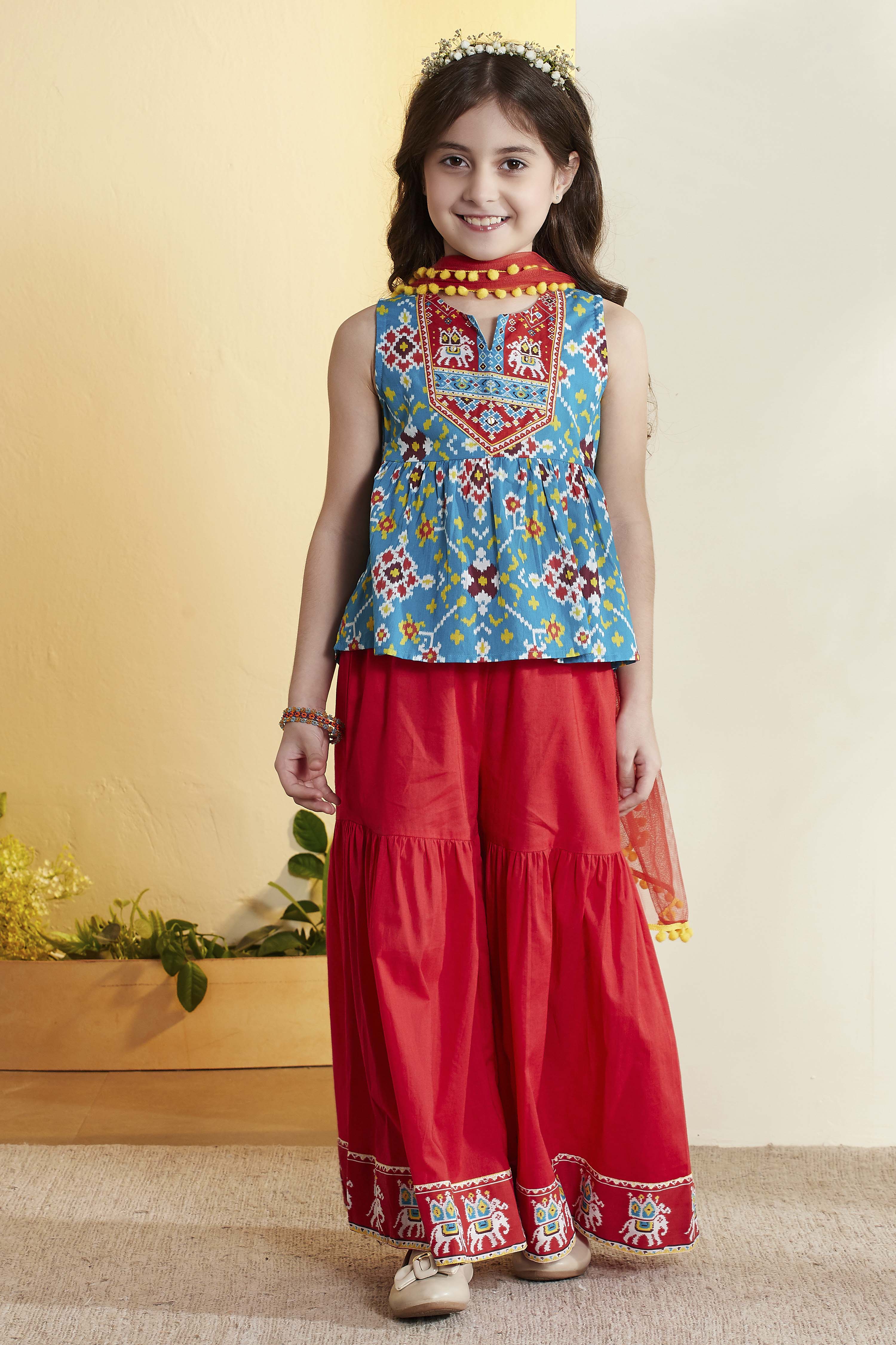 Turquoise & Red Printed Cotton Garara Set image number 6