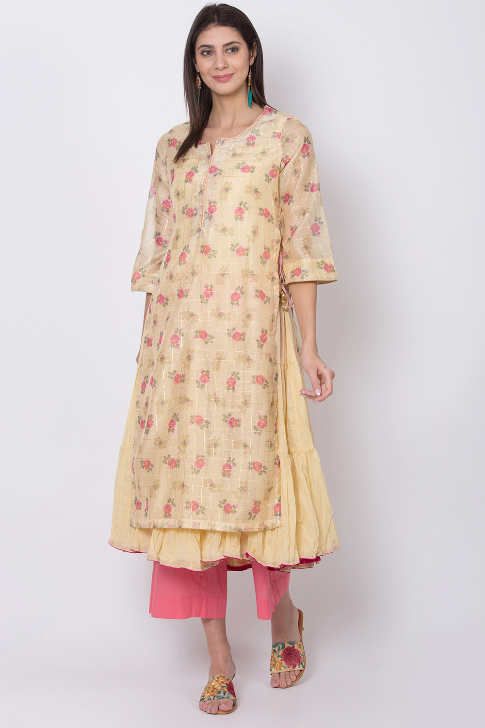 Mint Green Poly Metallic Cotton Flared Printed Kurta image number 2