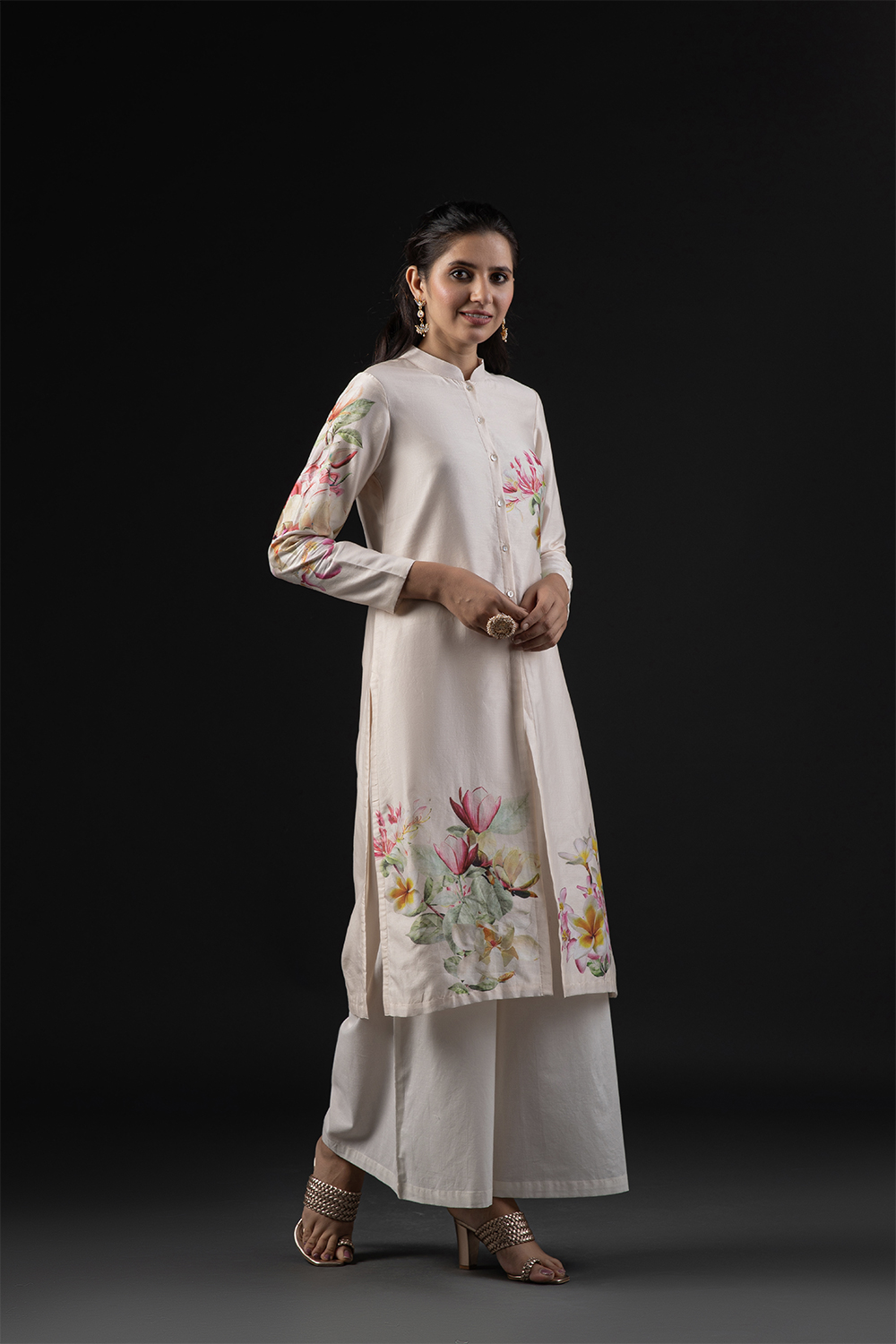 Ivory Cotton Silk Straight Printed Suit Set image number 5