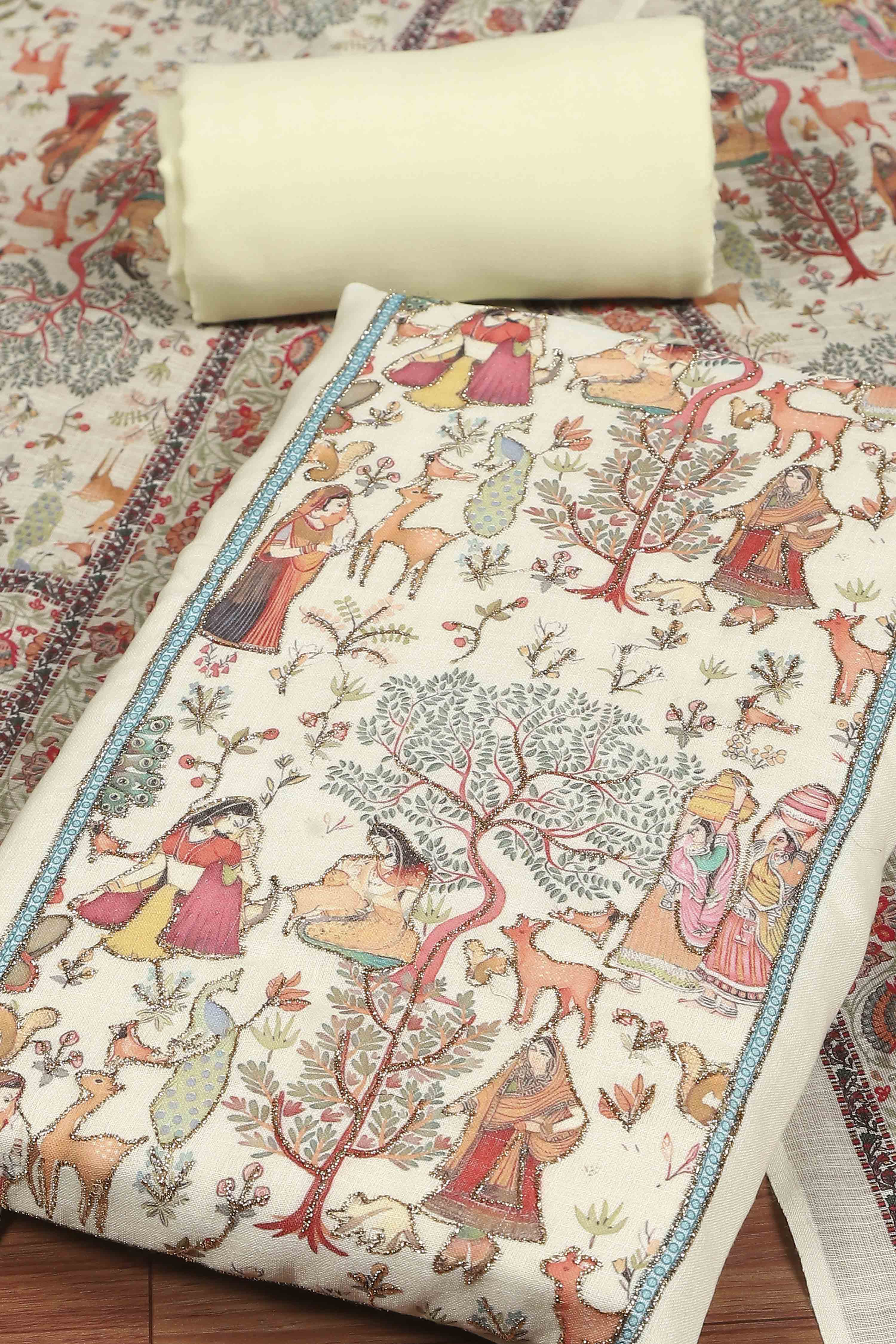 Pink Cotton Printed Embroidered Unstitched Suit Set image number 1