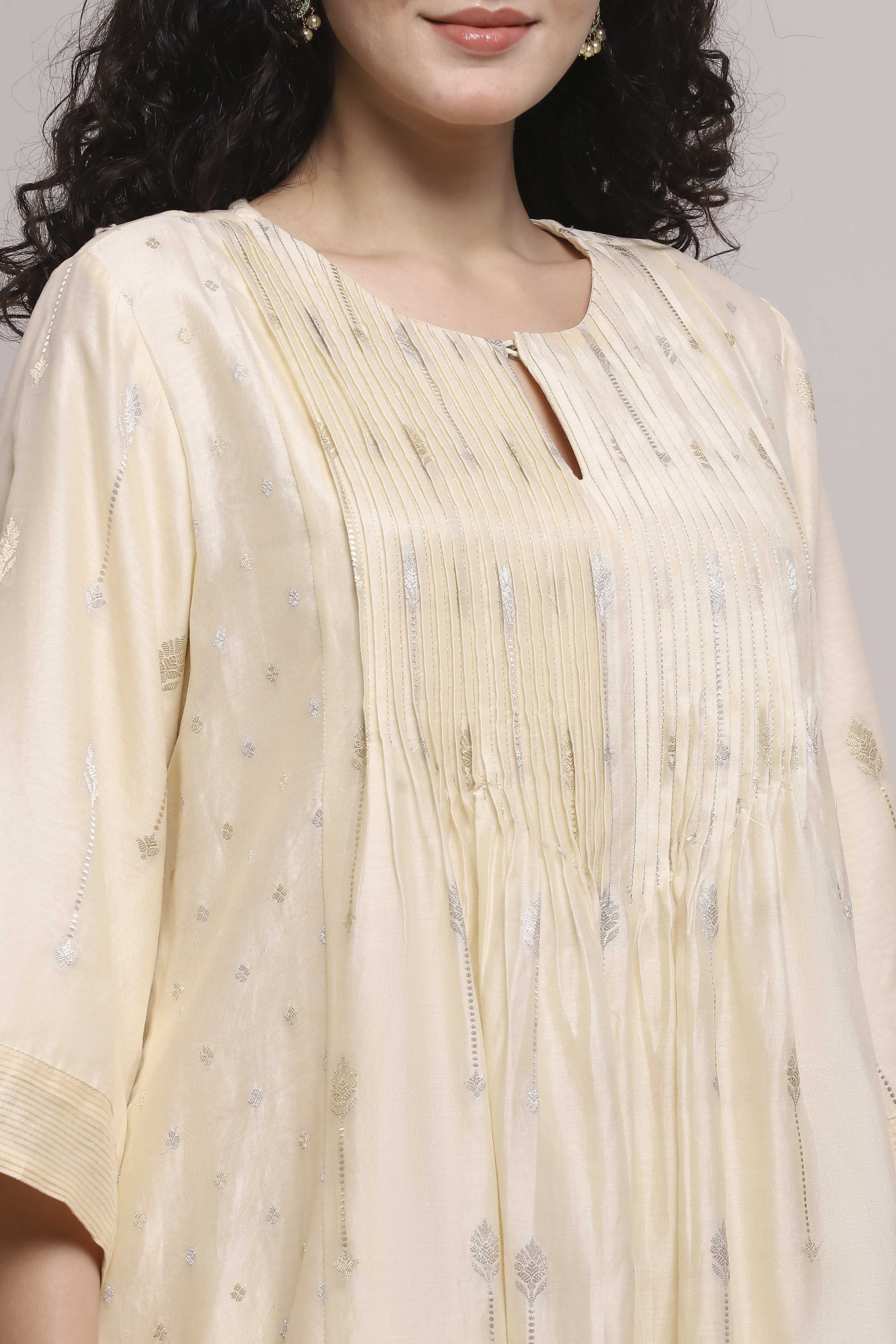 Cream Silk Metallic Gathered Suit Set image number 1