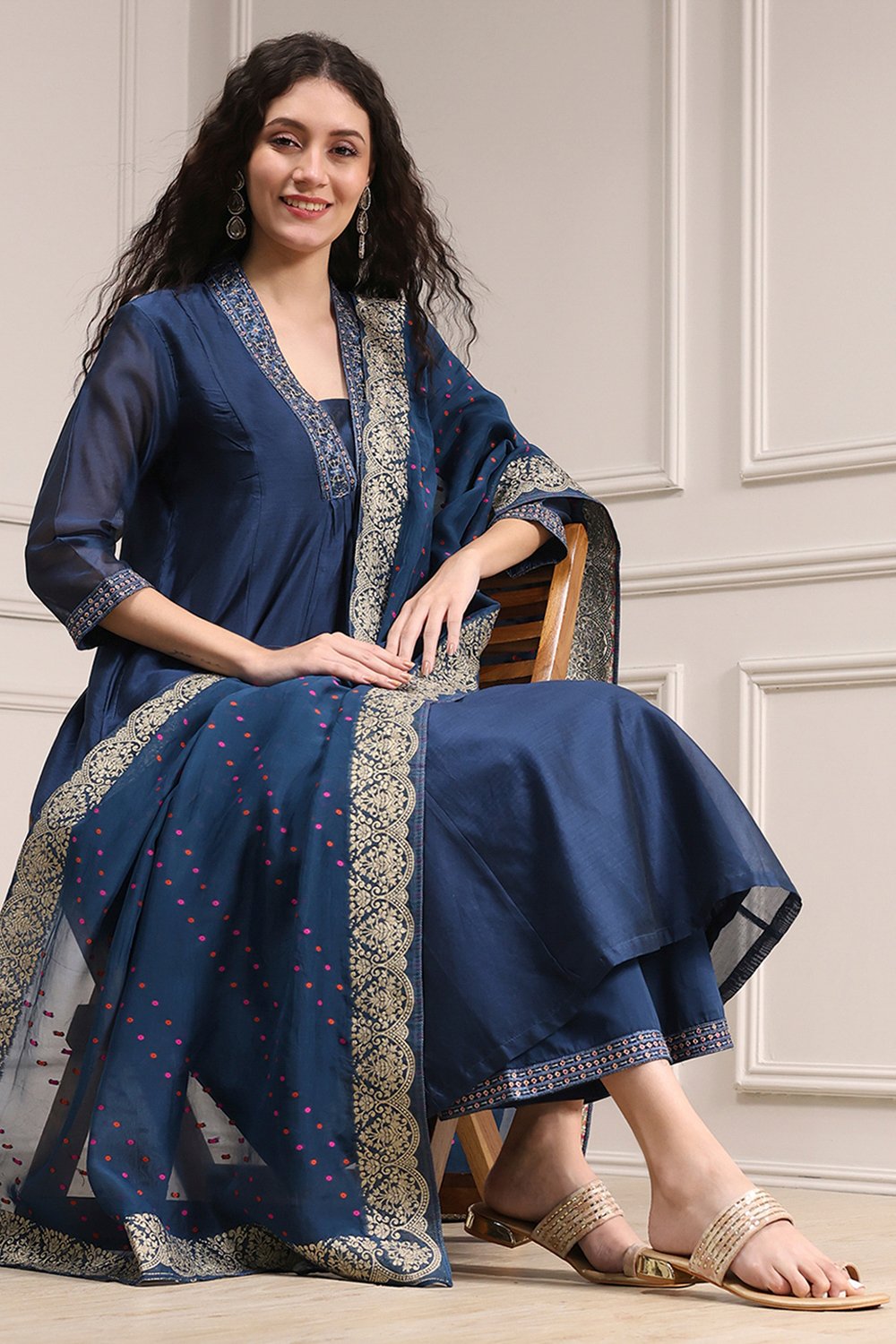 Blue Chanderi Gathered Dyed Suit Set image number 0