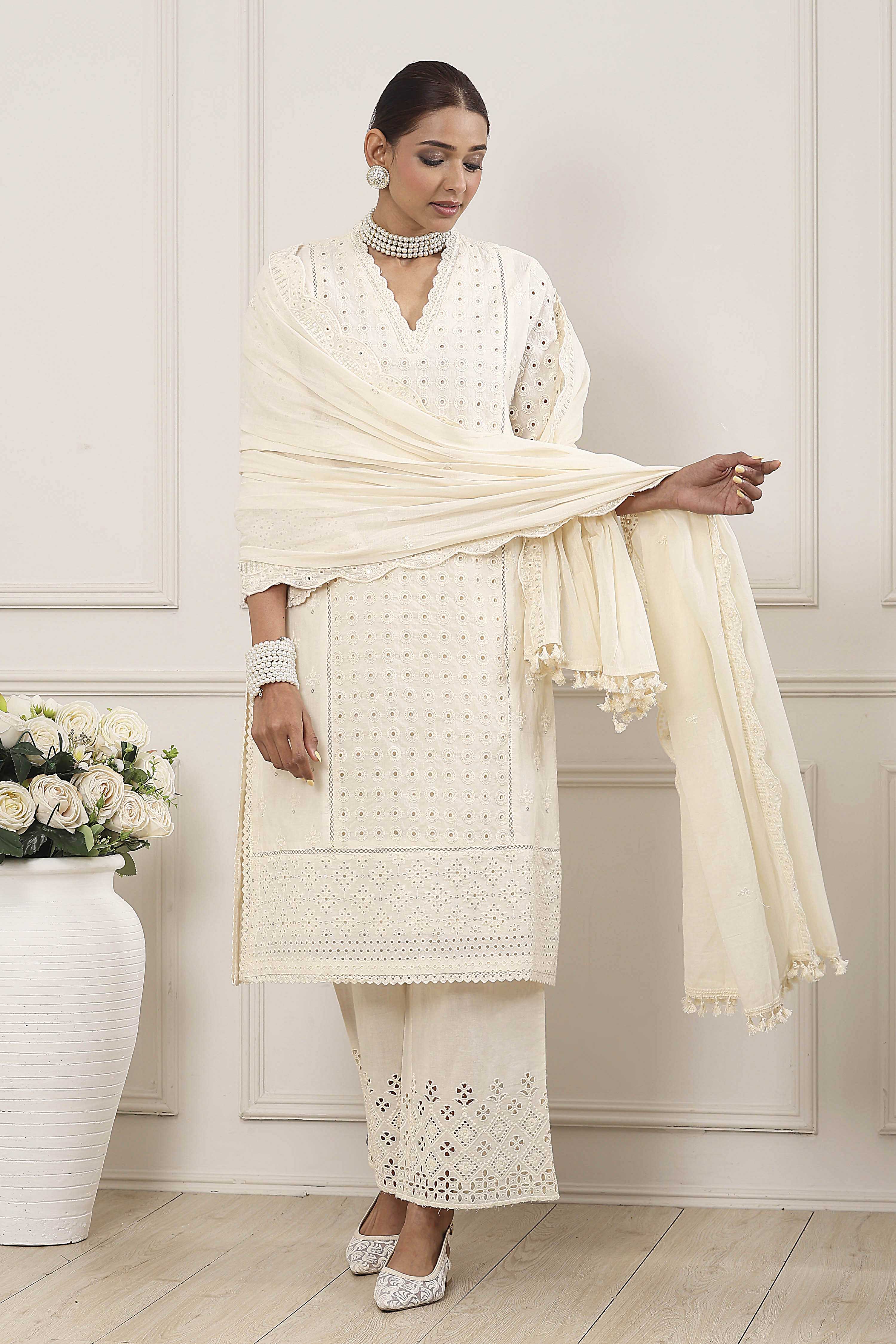 Cream-Toned Cotton Schiffli Straight Suit Set image number 0