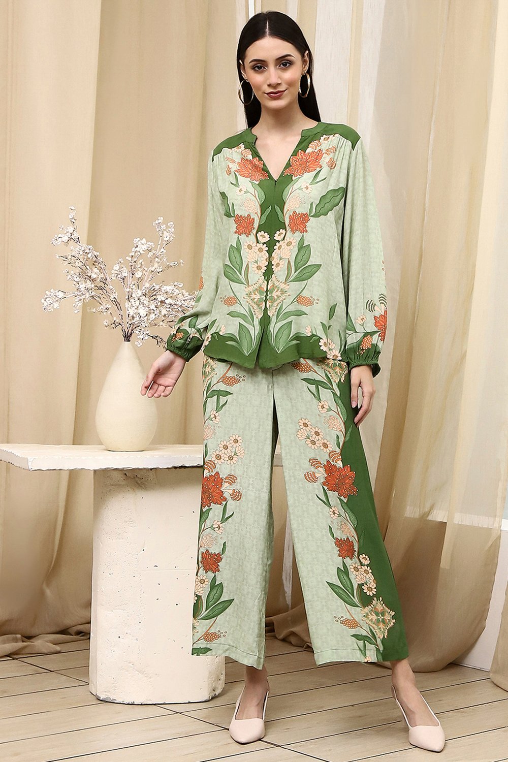 Green Viscose Blend Straight Printed Fusion Set image number 6