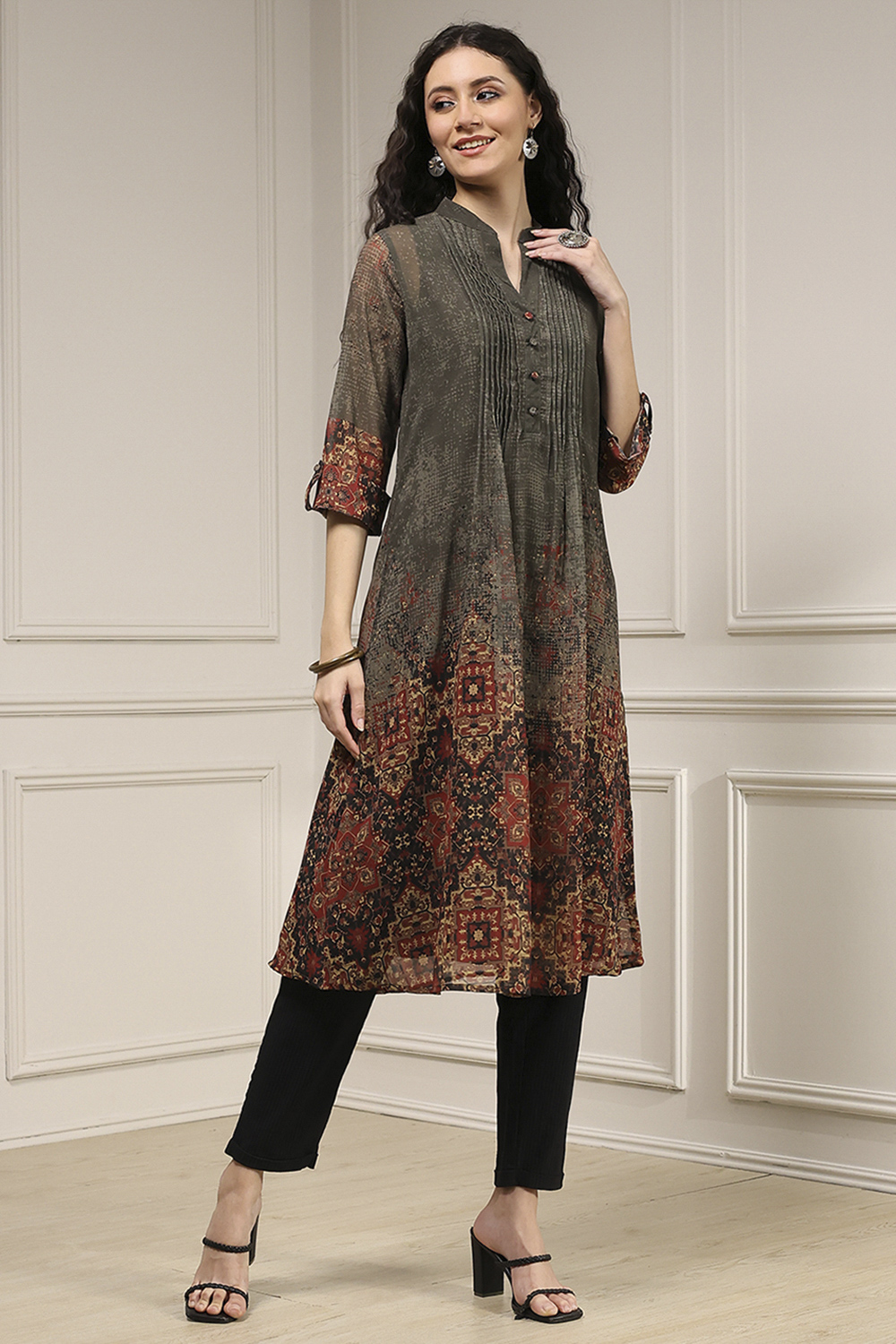 Charcoal-Rust Polyester Straight Printed Kurta image number 4