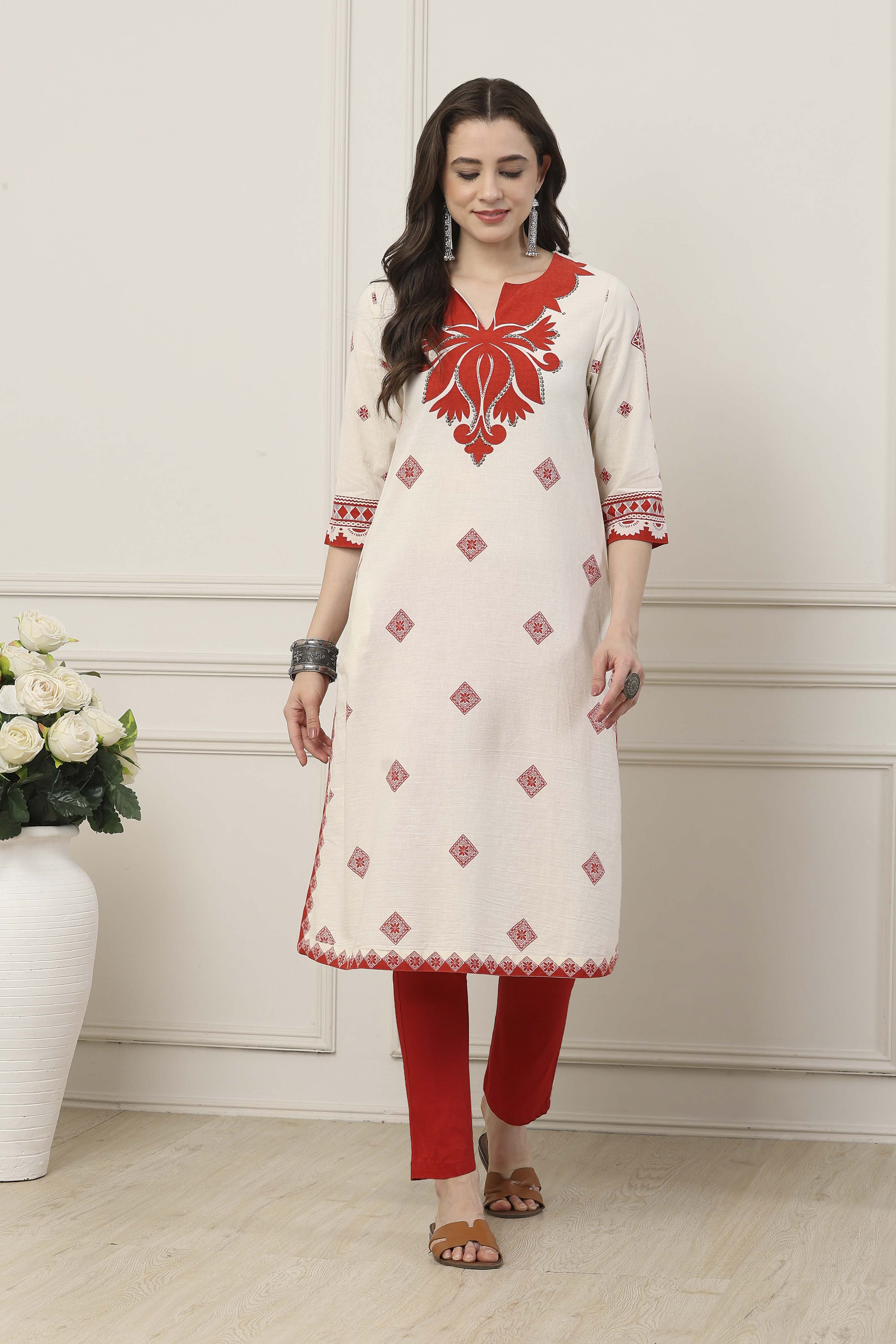 Ivory & Orange Cotton Ethnic Motif Printed Straight Kurta image number 5