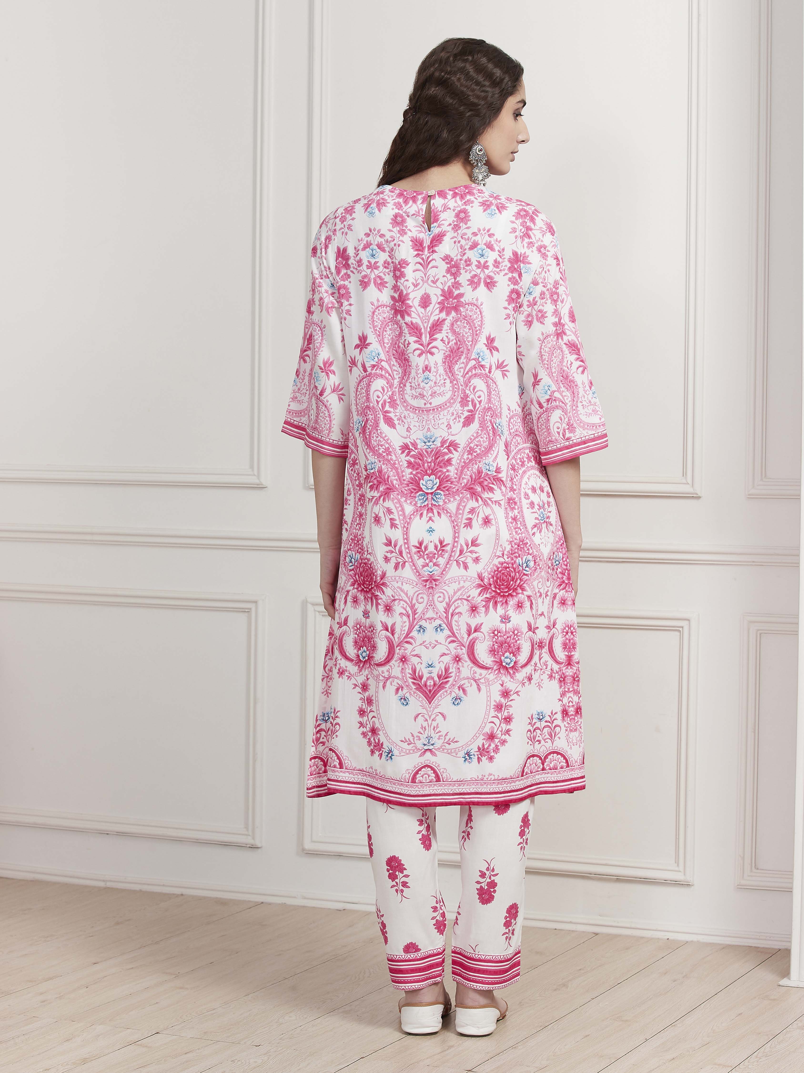 Pink and White Printed Straight Suit Set image number 4