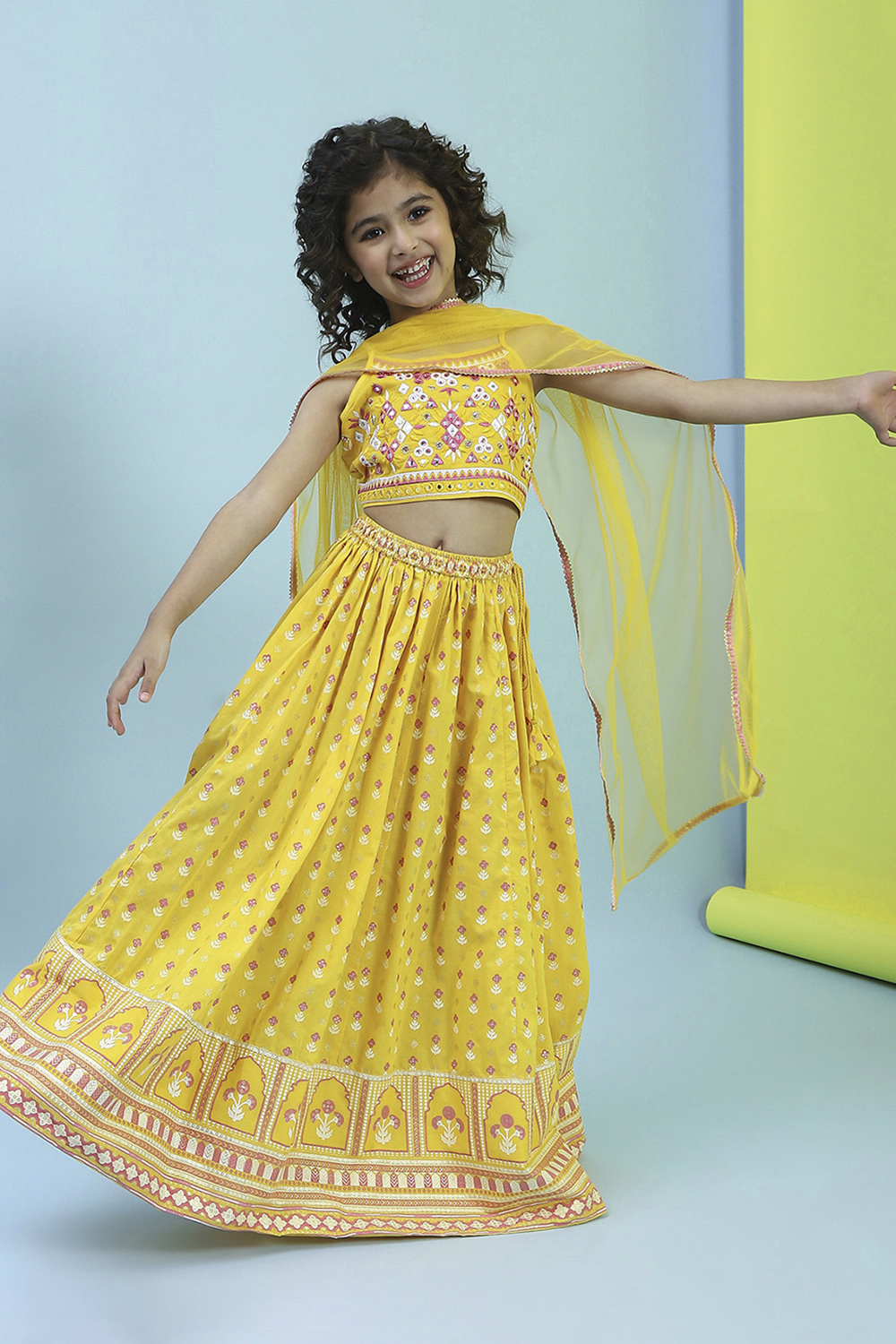Yellow Cotton Printed Regular Lehenga Set image number 0