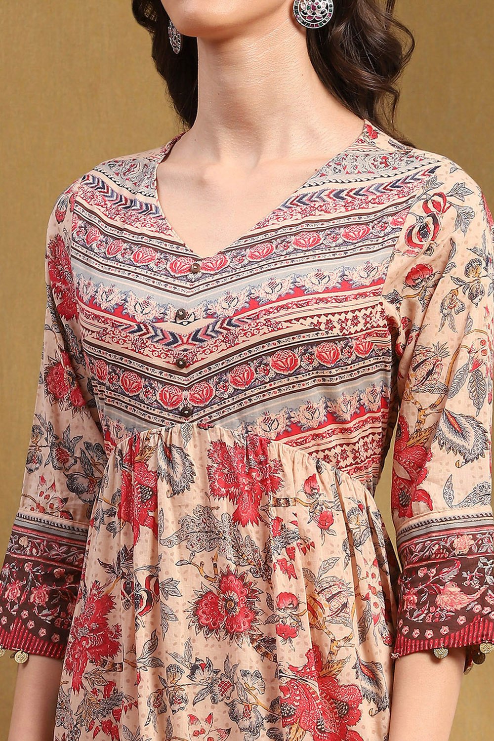 Beige Cotton Floral Printed Gathered A-Line Kurta Set image number 1