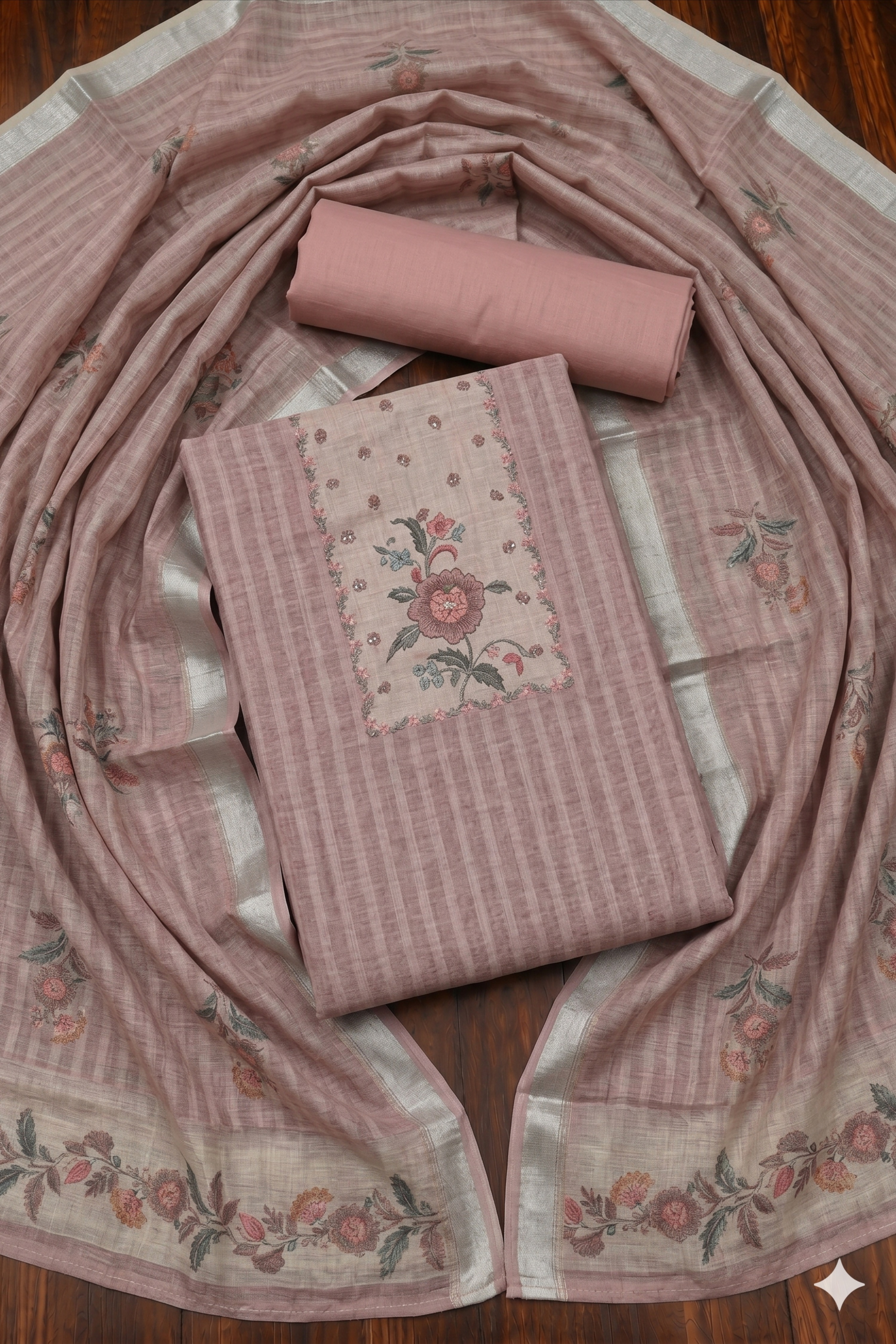 Blue Linen Stripe With Handwork Unstitched Suit Set image number 1