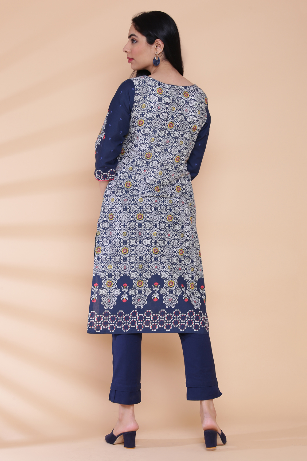 Navy Blue Cotton Straight Printed Kurta image number 5
