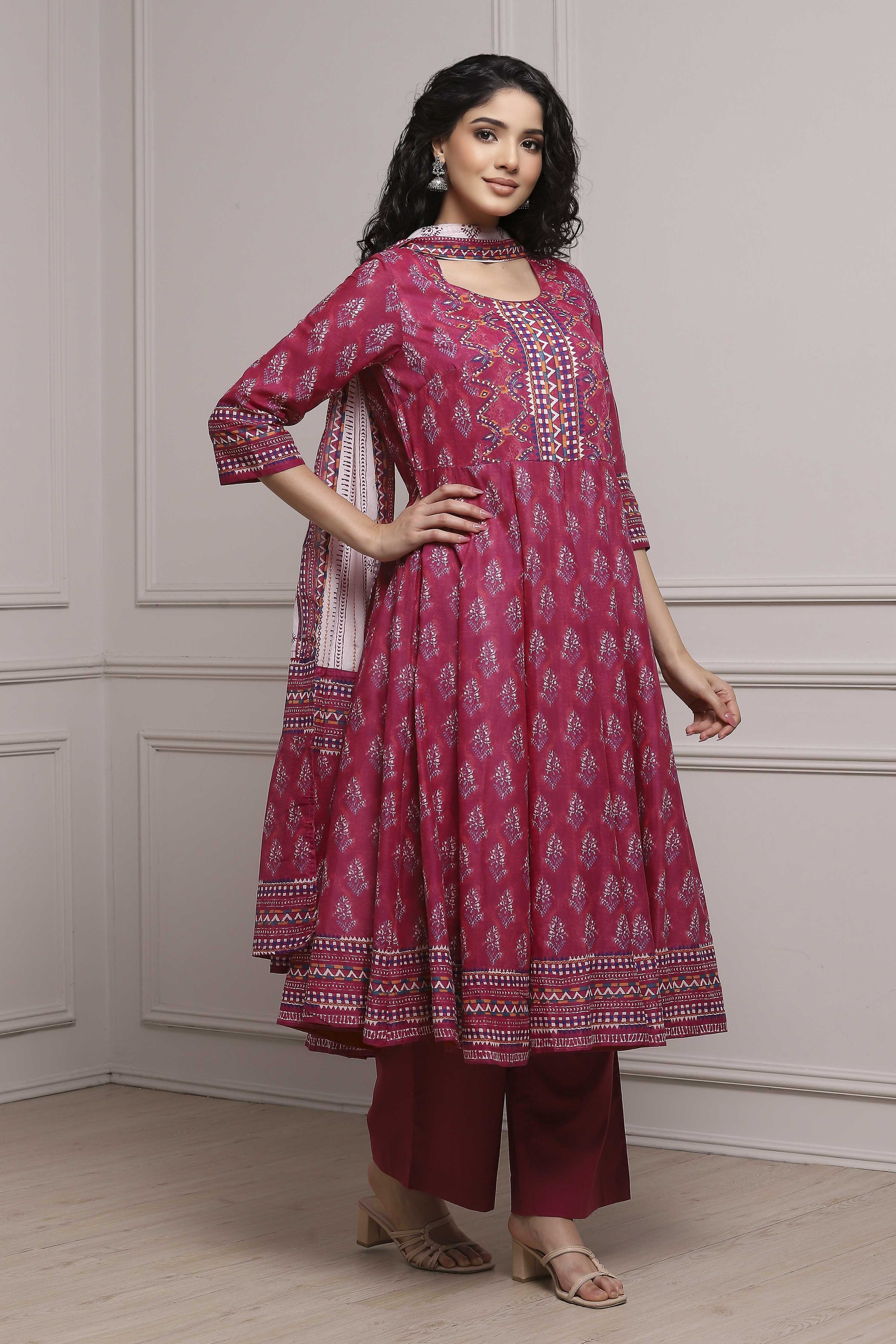 Magenta Cotton Anarkali Suit Set image number 5