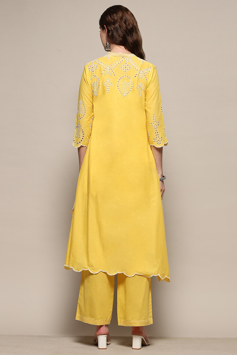 Yellow Cotton Schiffli Kurta & Palazzo Suit Set image number 4