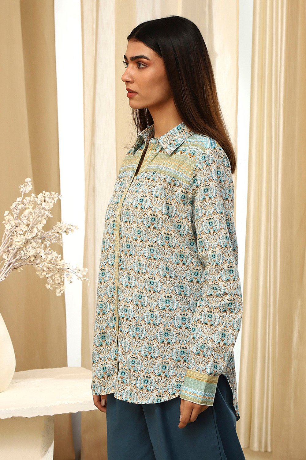 Blue Cotton Printed Straight Shirt image number 2