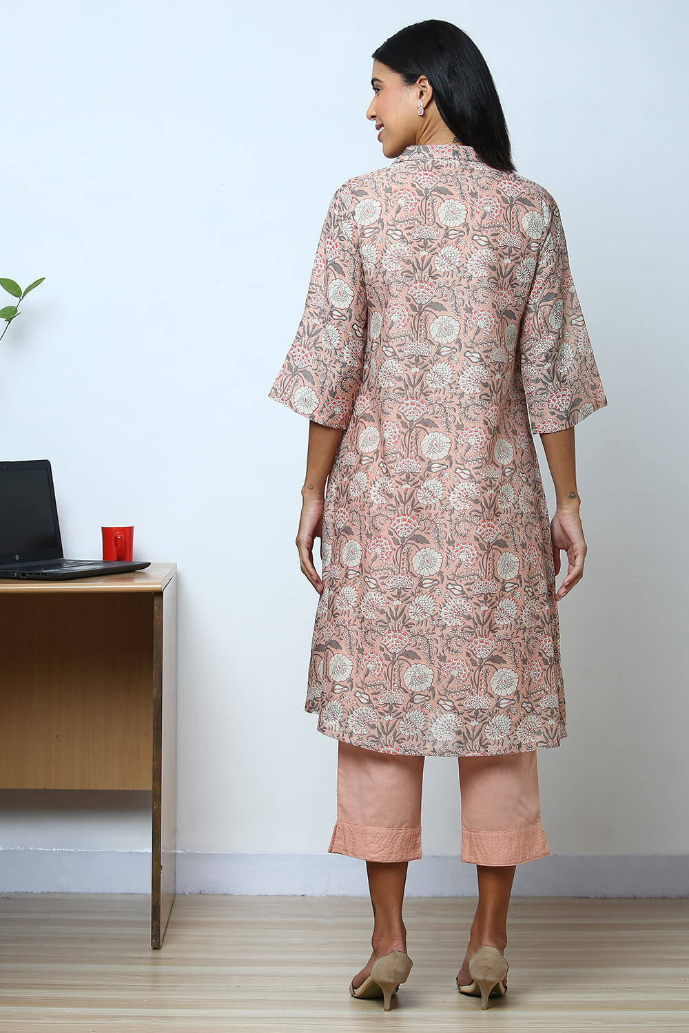 Peach Art Silk Straight Kurta Relaxed Pant Suit Set image number 6
