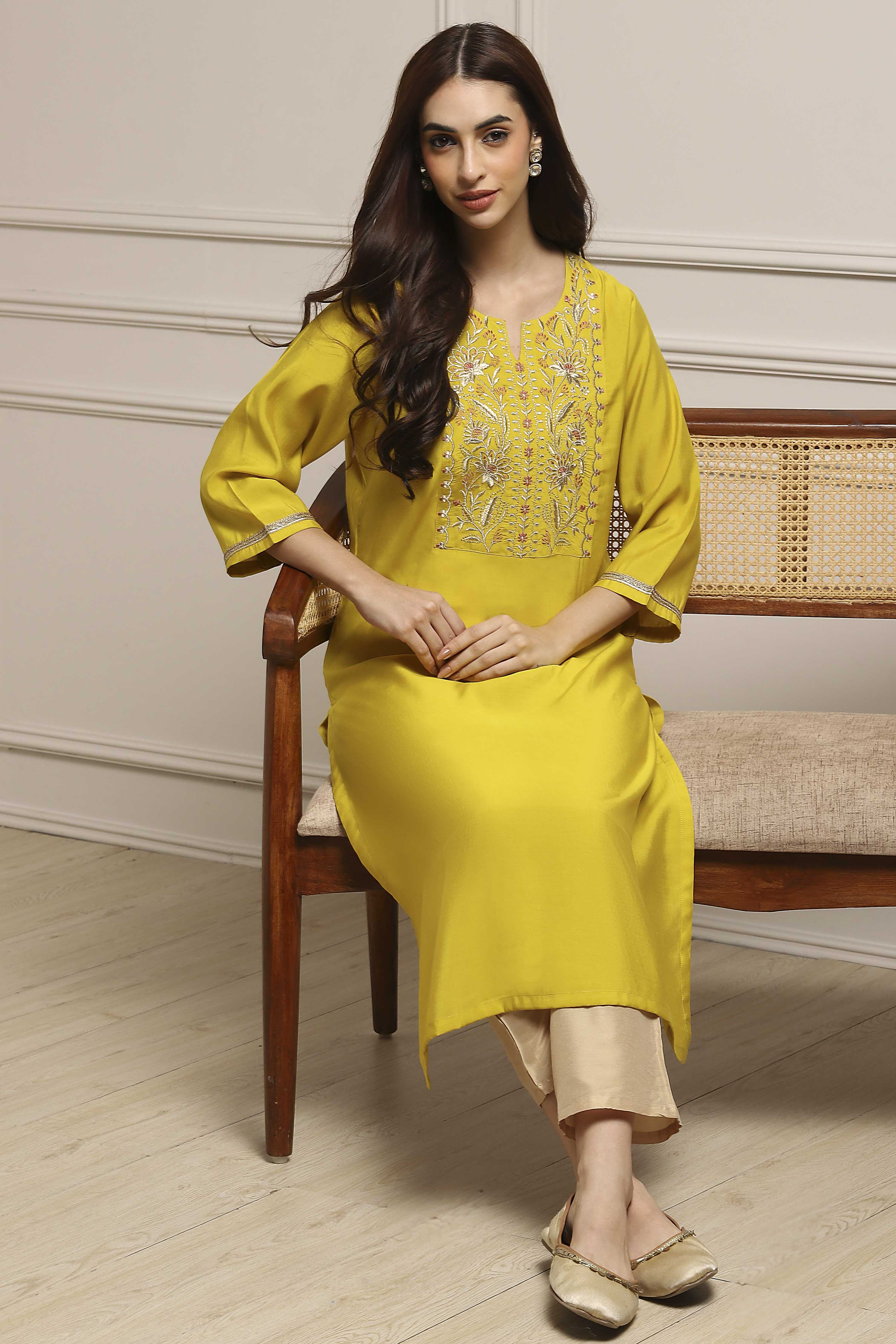 Lime Green Viscose Blend Straight Kurta image number 0