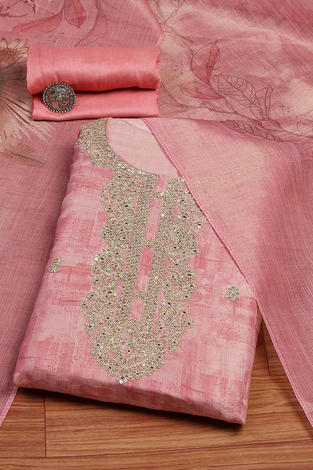 Pink Chanderi Machine Embroidered Unstitched Suit Set image number 0