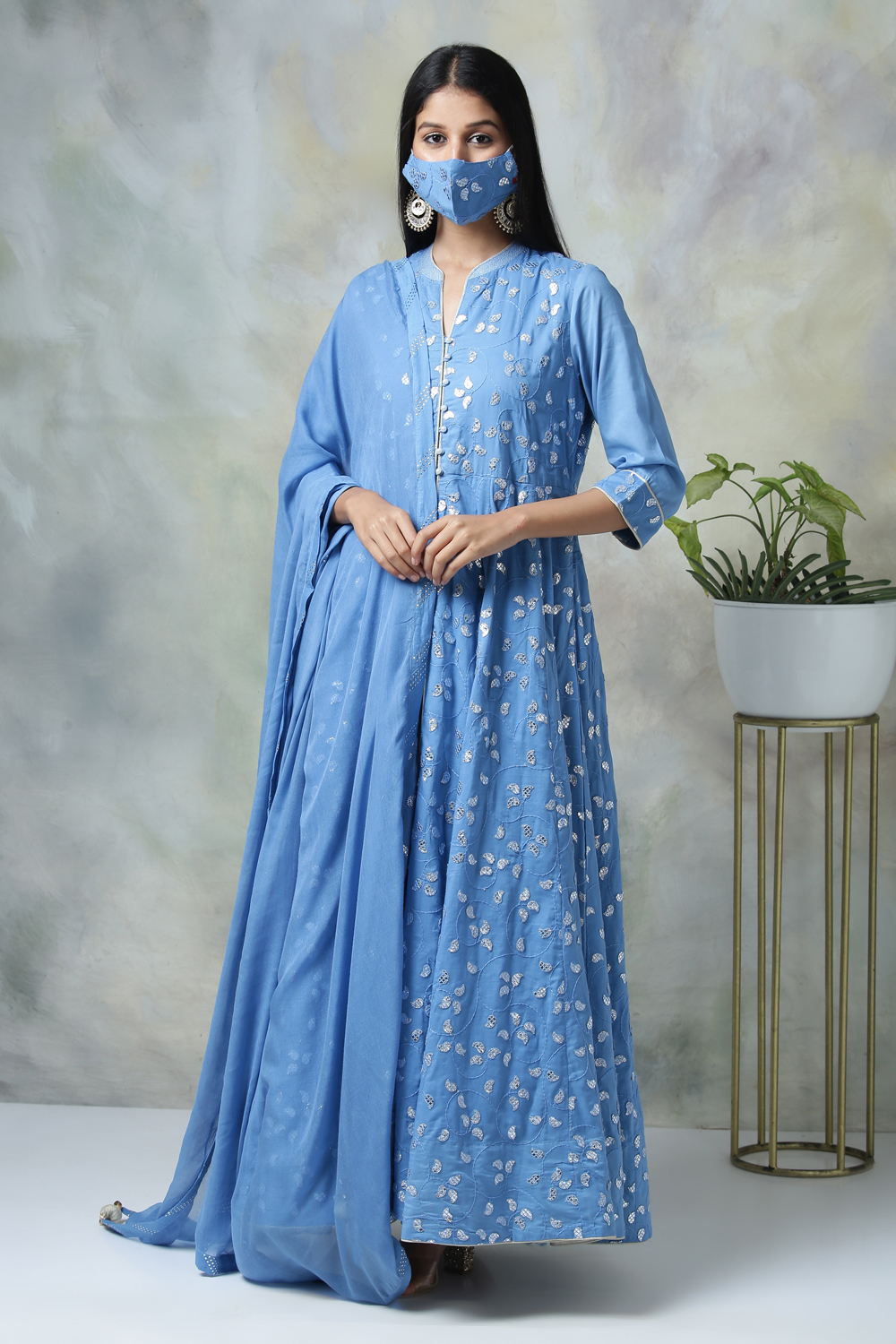 Blue Cotton Anarkali Kurta Skirt Suit Set image number 6