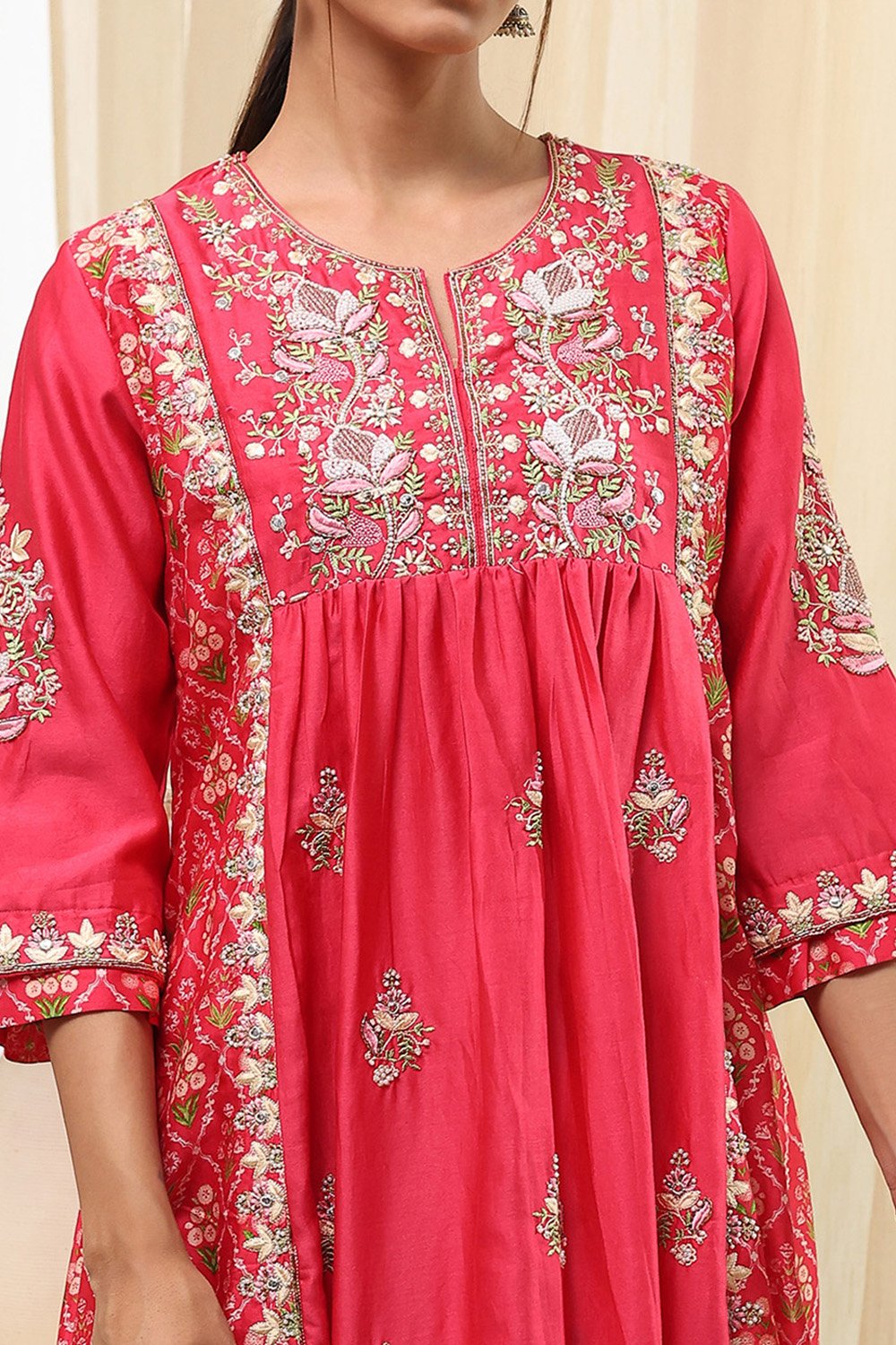 Coral-Red Silk Chanderi Gathered Suit Set image number 1