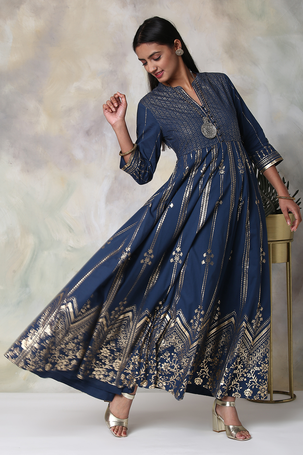 Navy Cotton Fusion Wear Dress image number 3