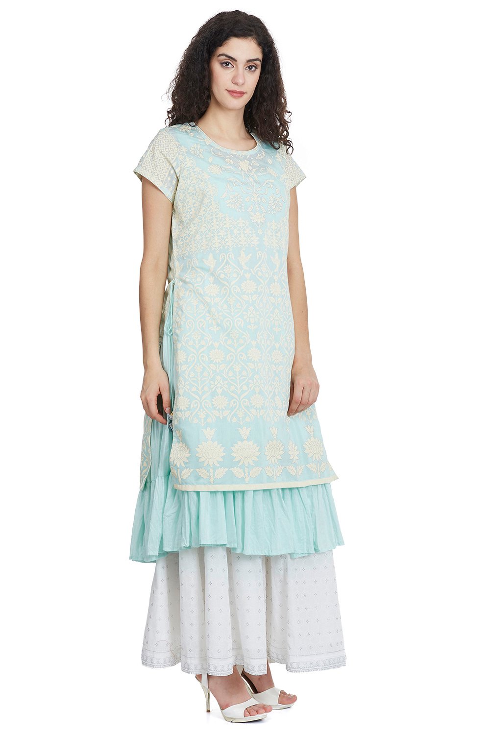 Yellow Flared Art Silk Printed Kurta image number 2