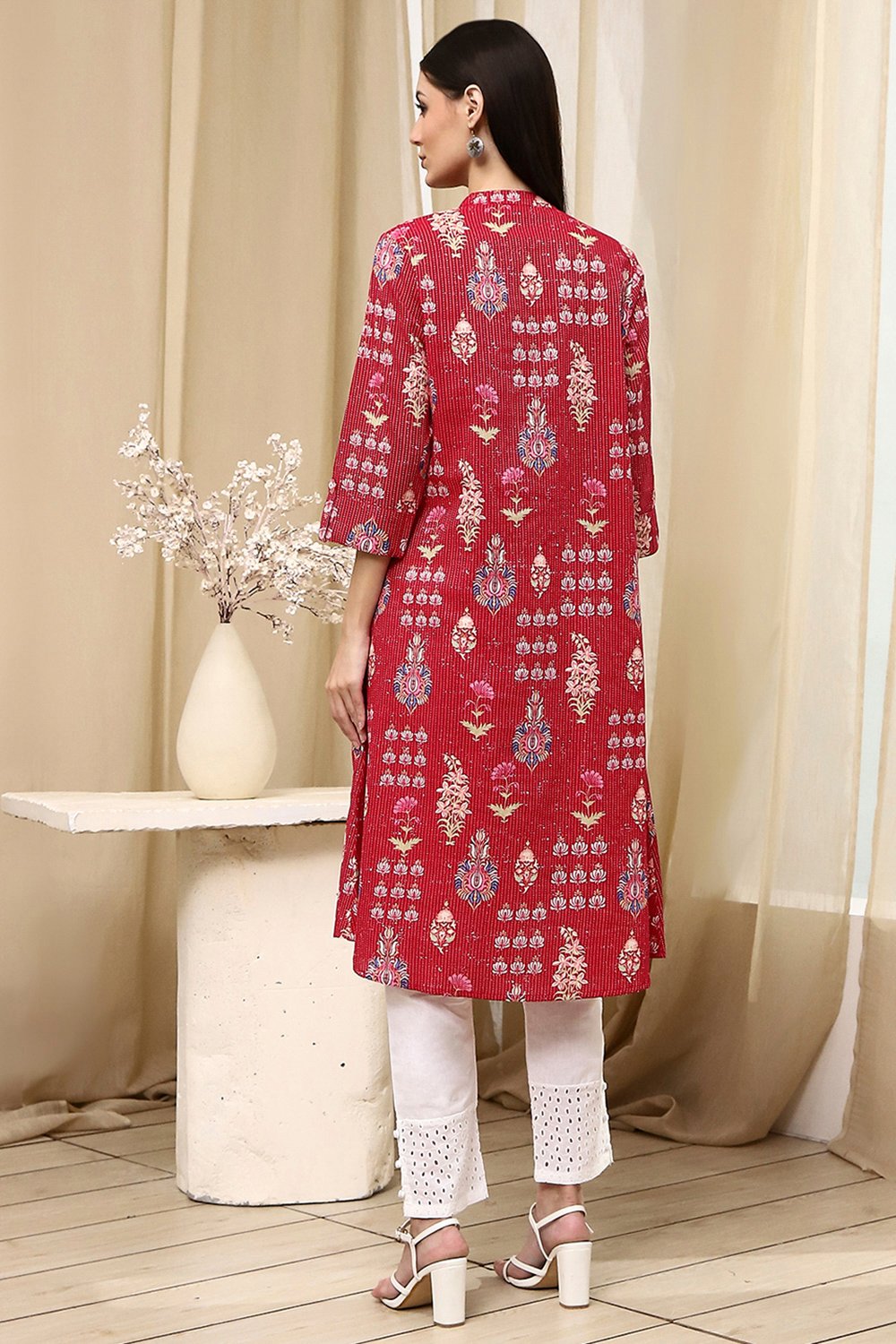 Pink Cotton Printed Straight Kurta image number 3