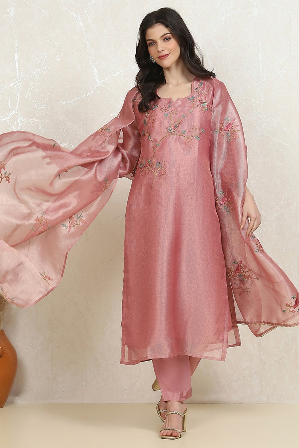 Pink Tissue Machine Embroidered Unstitched Suit Set image number 1