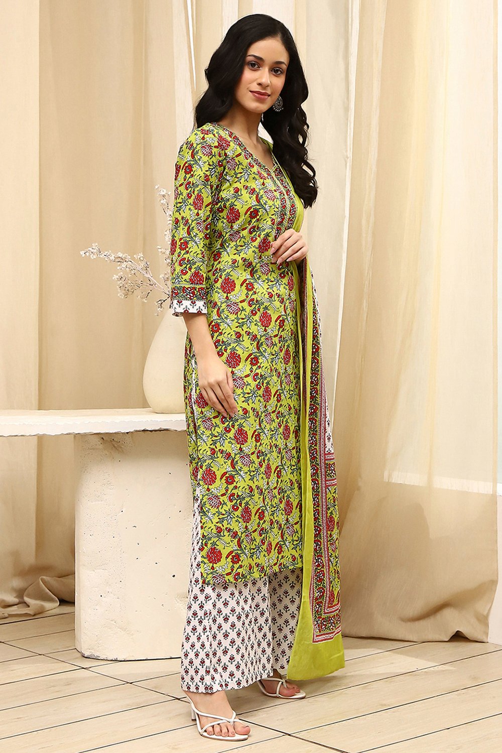 Lime Green and White Cotton Screen Print Unstitched Suit Set image number 5