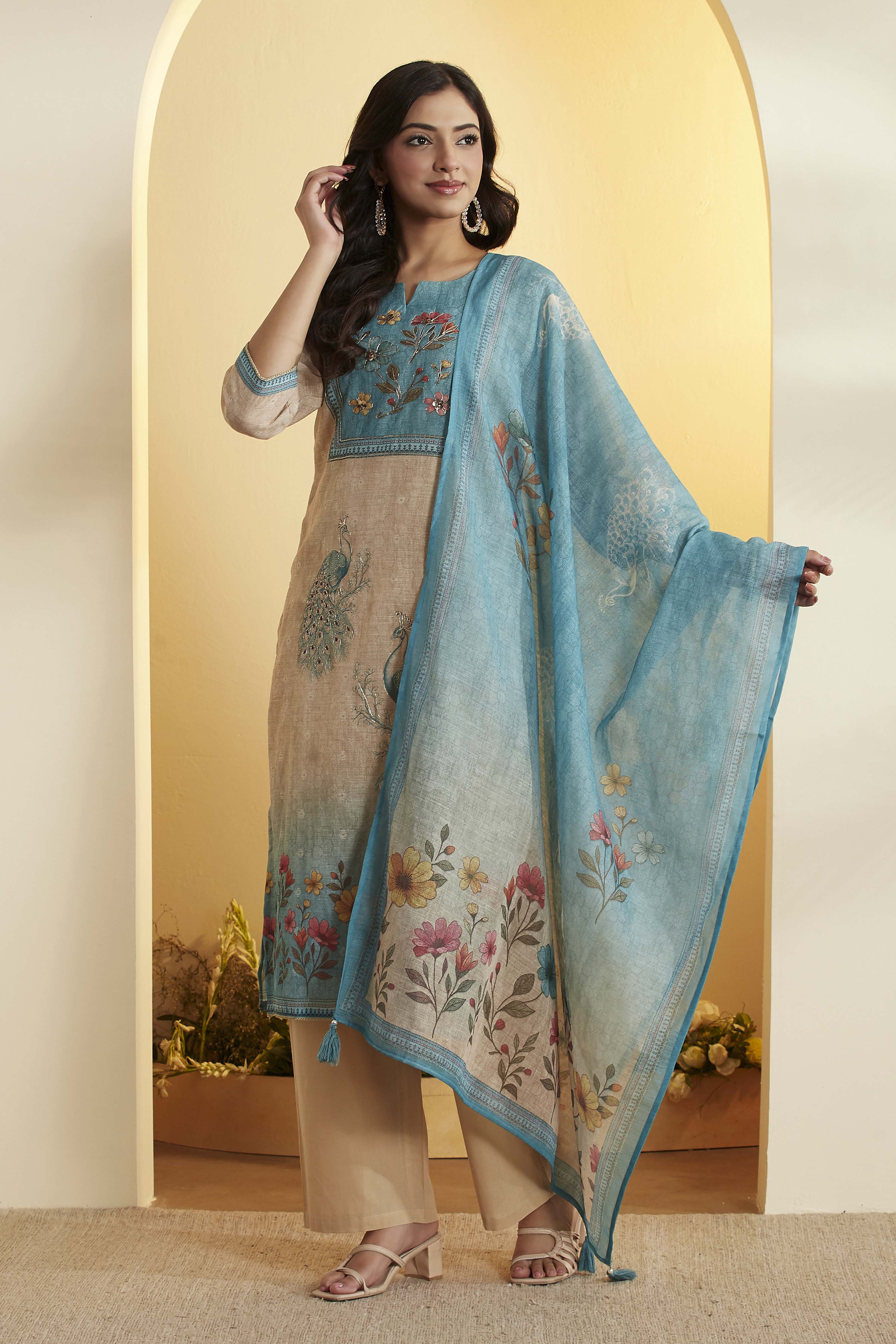 Blue Poly Linen Straight Suit Set image number 3