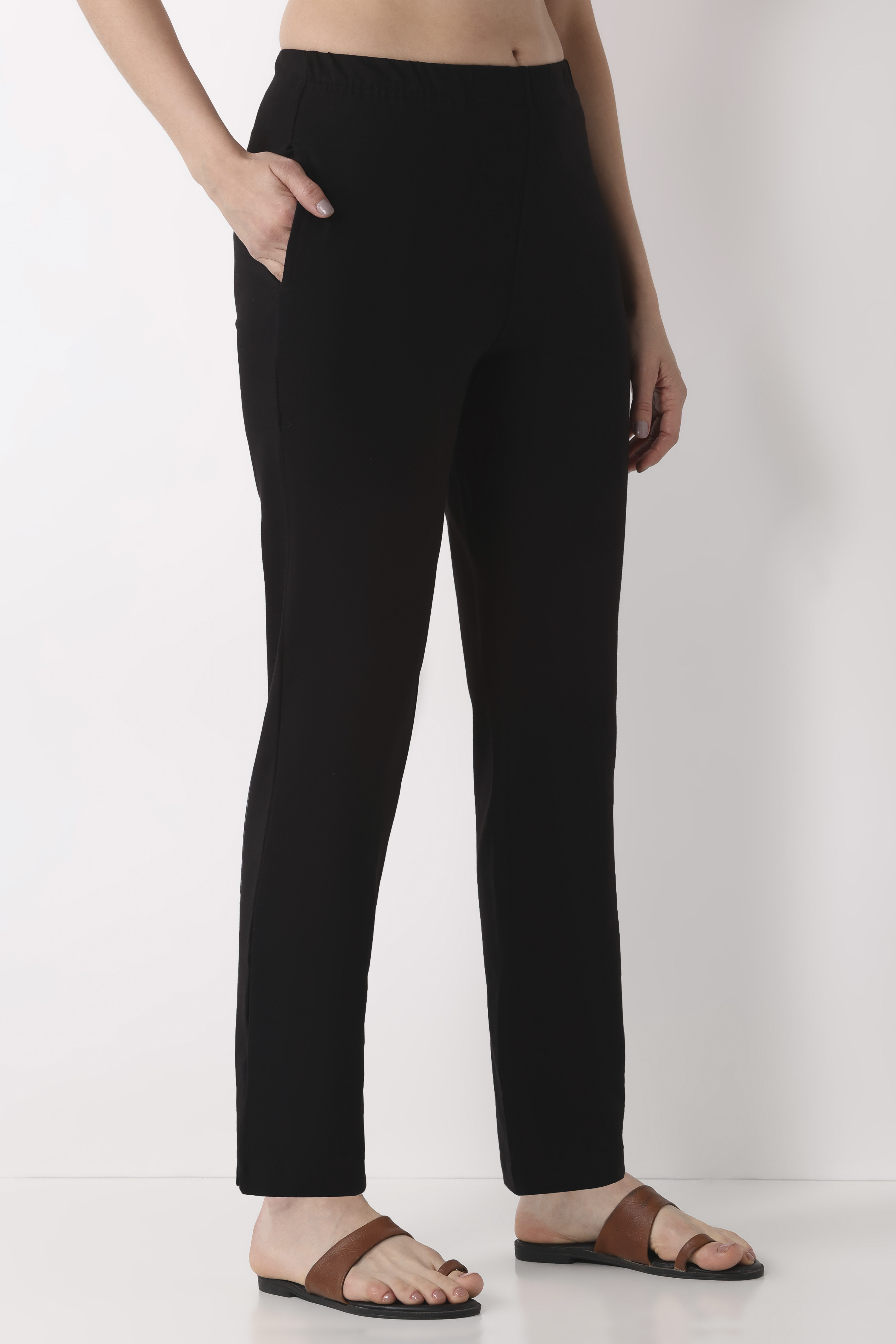 Black Cotton Lycra Fitted Pants image number 3