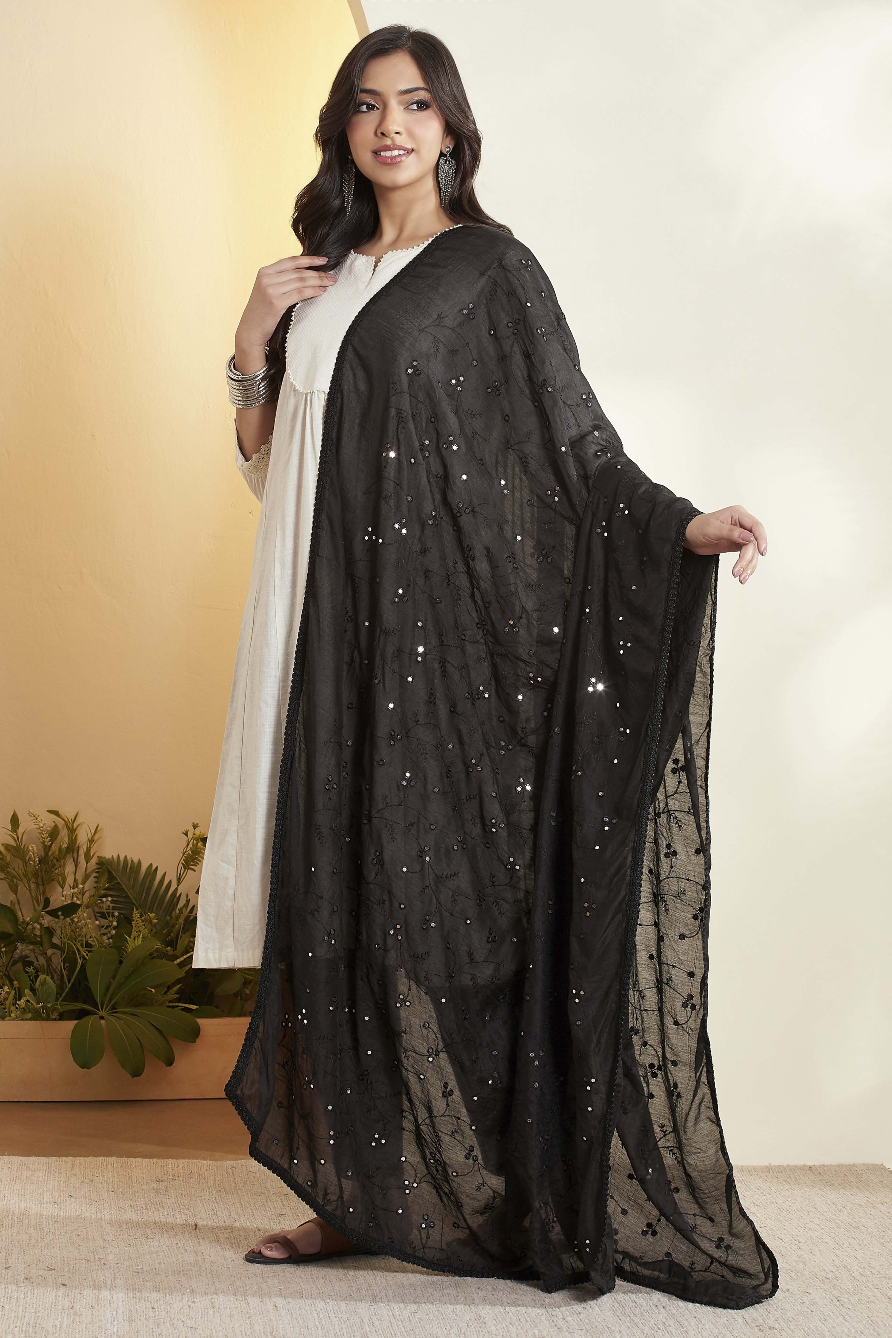 Black Mirror Work & Sequined Dupatta image number 3