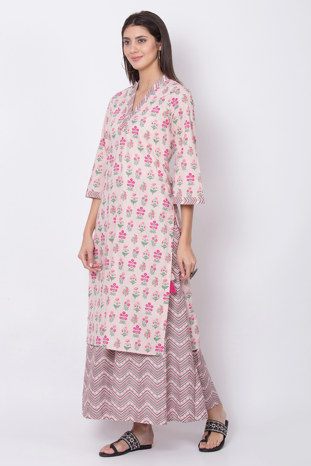 Peach Cotton Straight Kurta Sharara Suit Set image number 3