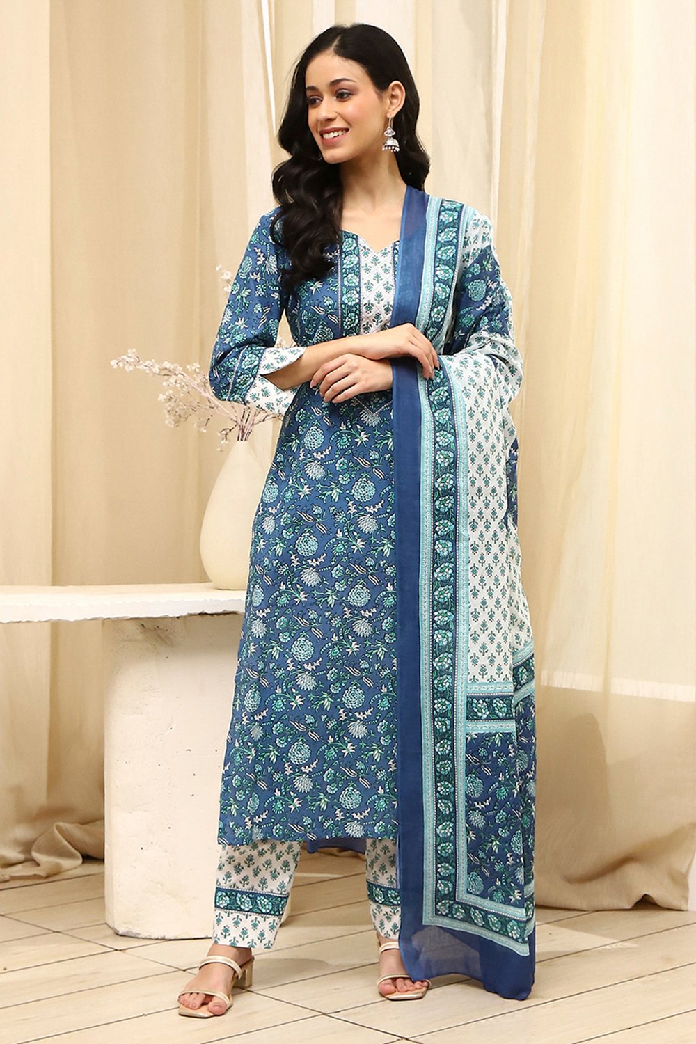 Lime Green and White Cotton Screen Print Unstitched Suit Set image number 7