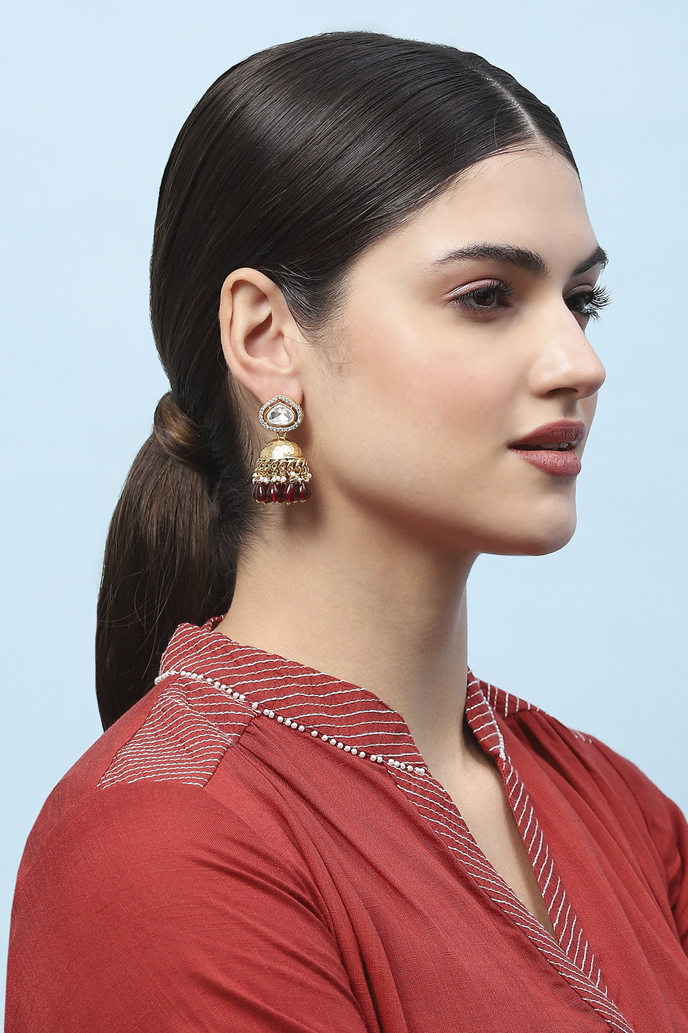 Red Kundan Festive Jhumka image number 1