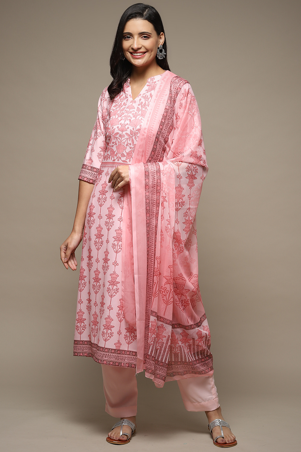 Beige Chanderi Machine Embroidered Unstitched Suit Set image number 8
