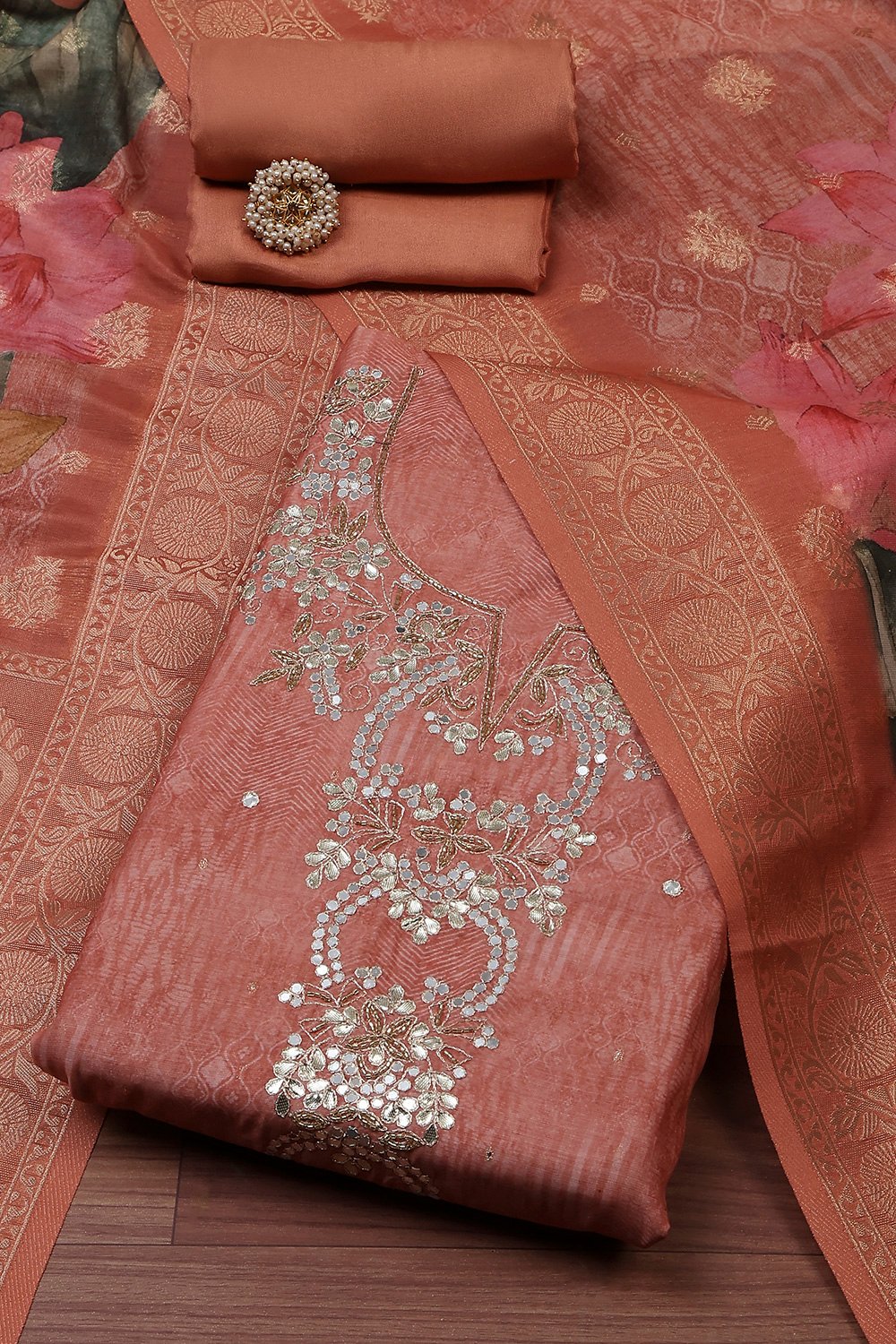 Coral Chanderi Printed Unstitched Suit Set image number 0