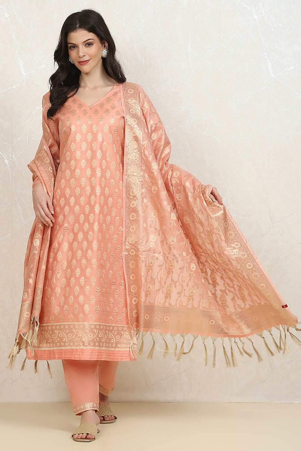 Peach Art Silk Woven Unstitched Suit Set image number 1