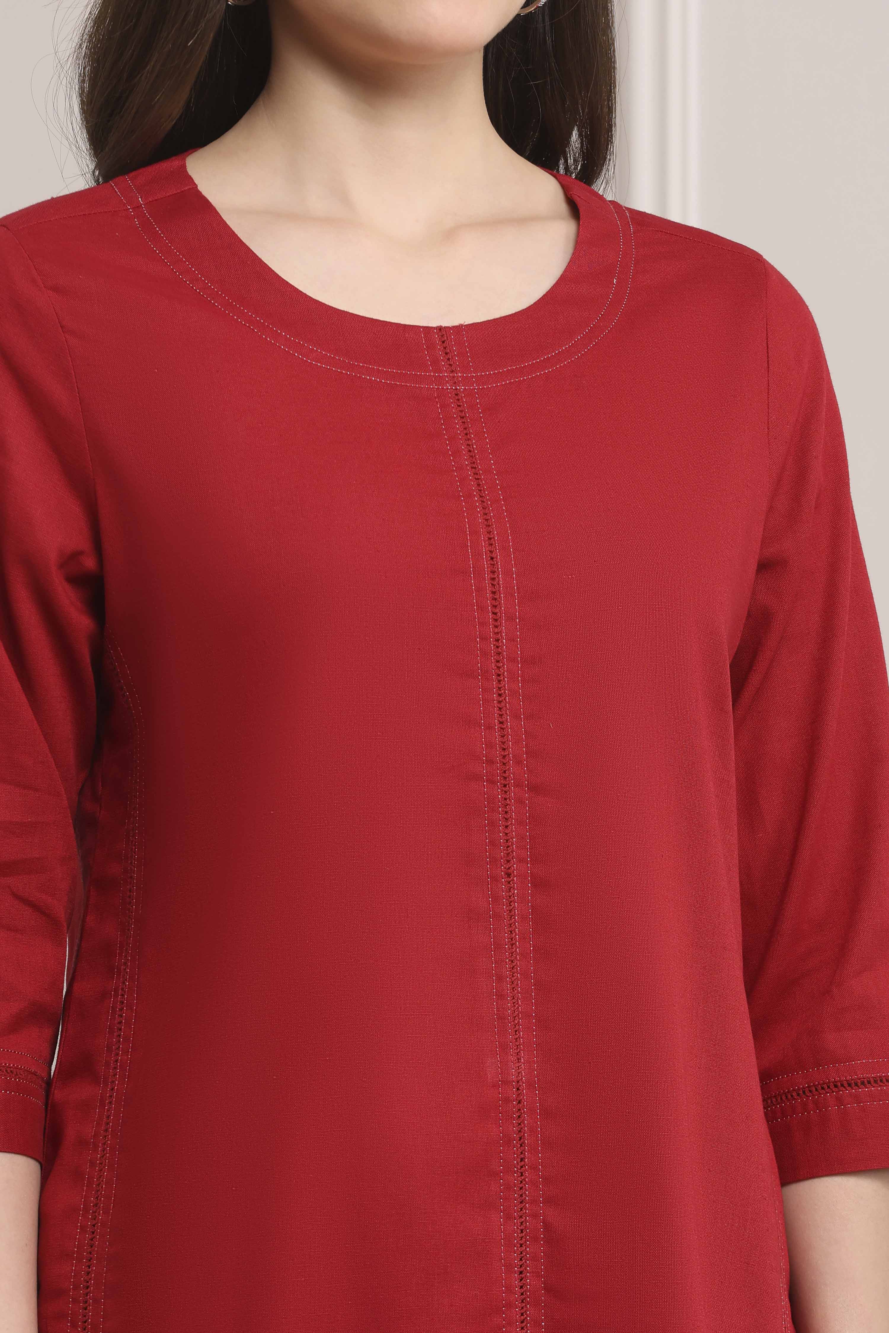 Red Cotton Solid Straight Kurta image number 1