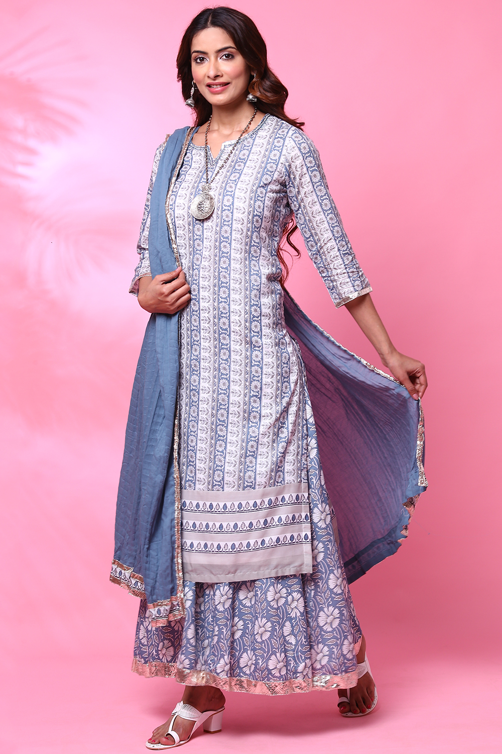 Off White And Blue Cotton Straight Kurta Sharara Suit Set image number 0