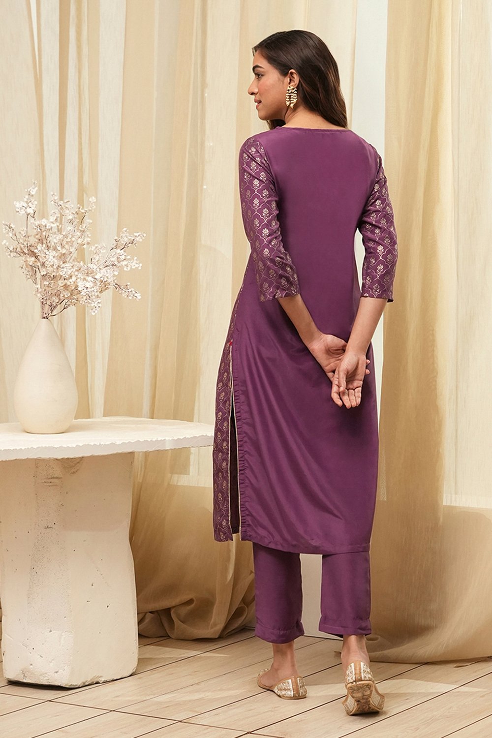 Dark Navy Art Silk Straight Kurta Slim Pants Suit Set image number 4