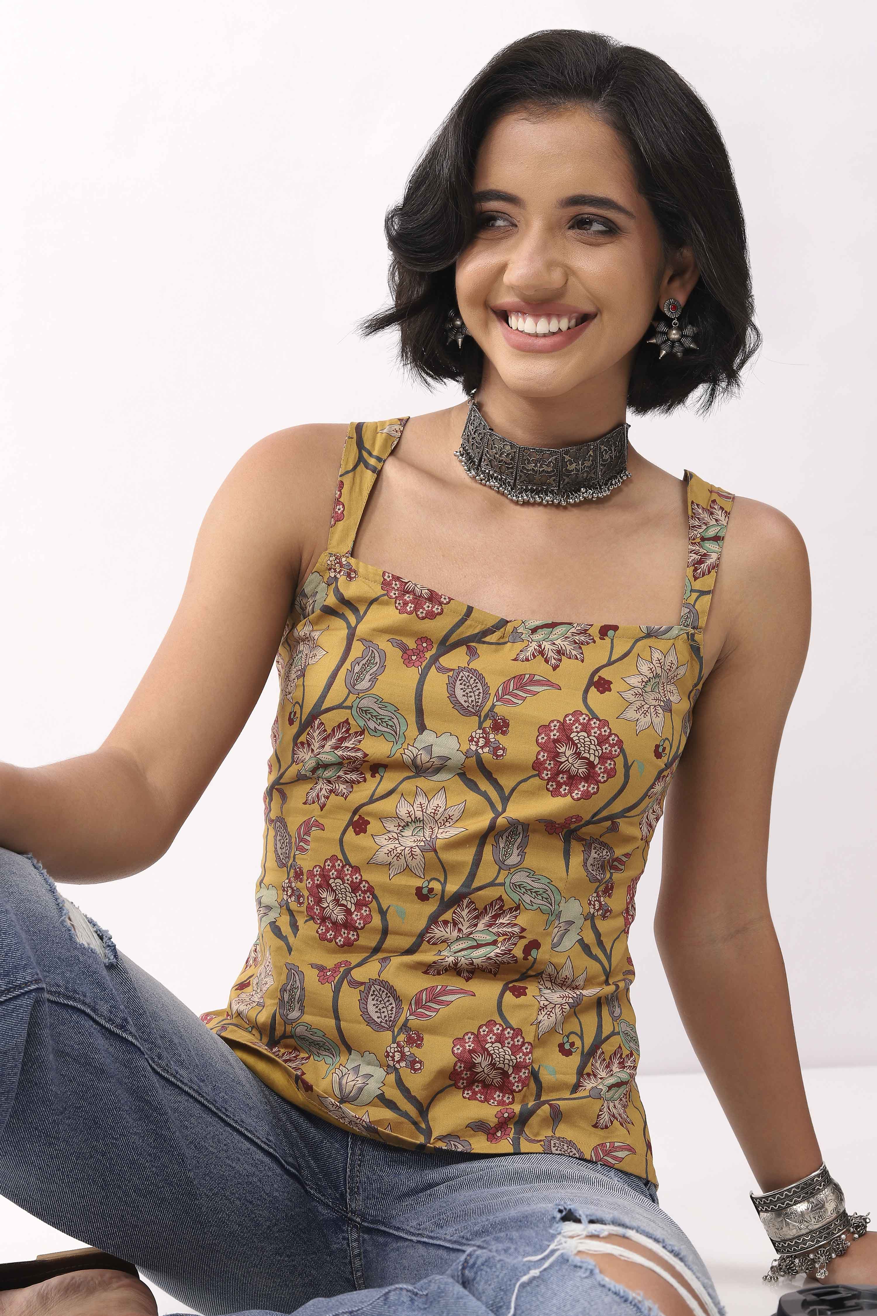 Yellow Cotton Printed Straight Top image number 1