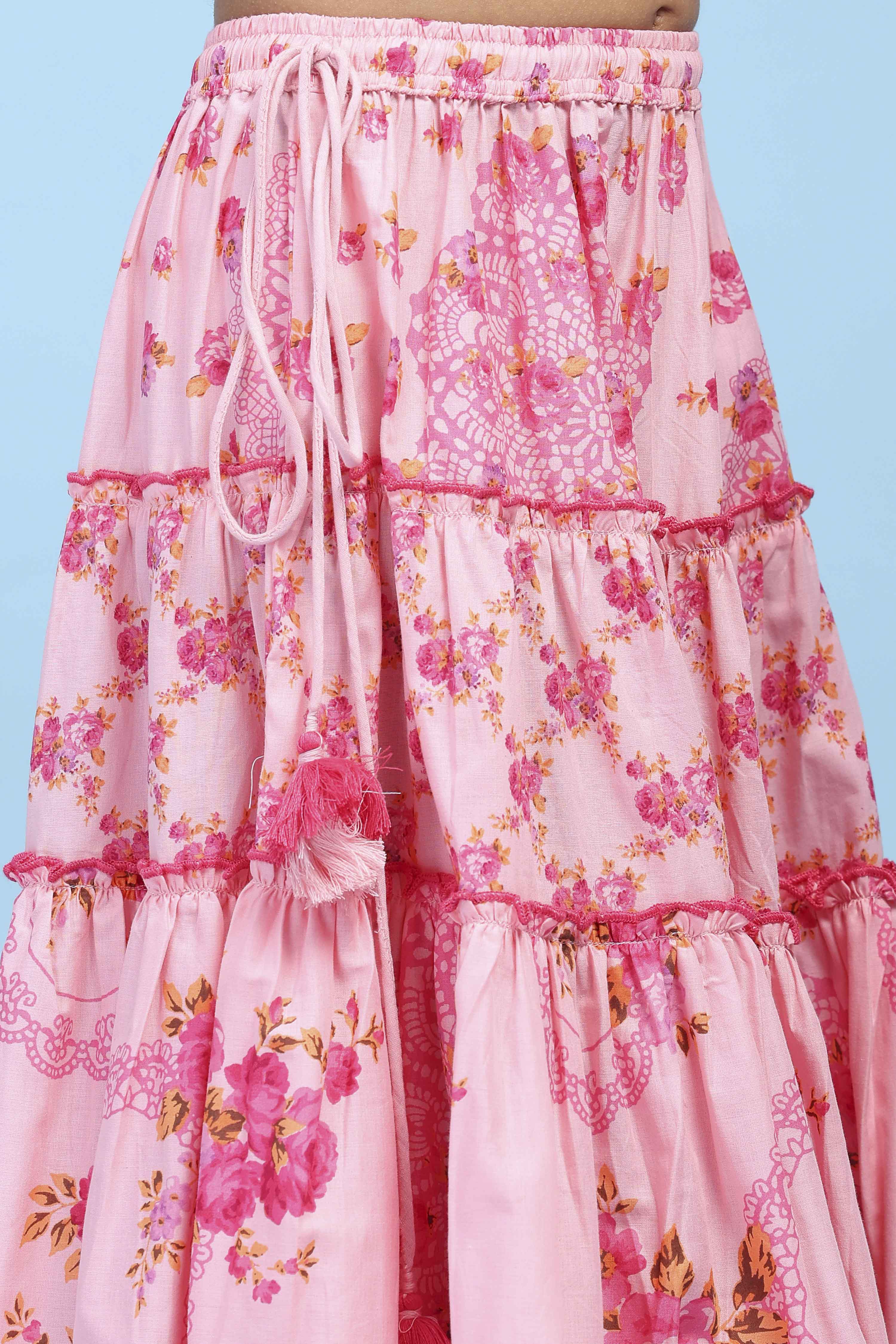 Pink Cotton Printed Tiered Lehenga Set image number 2
