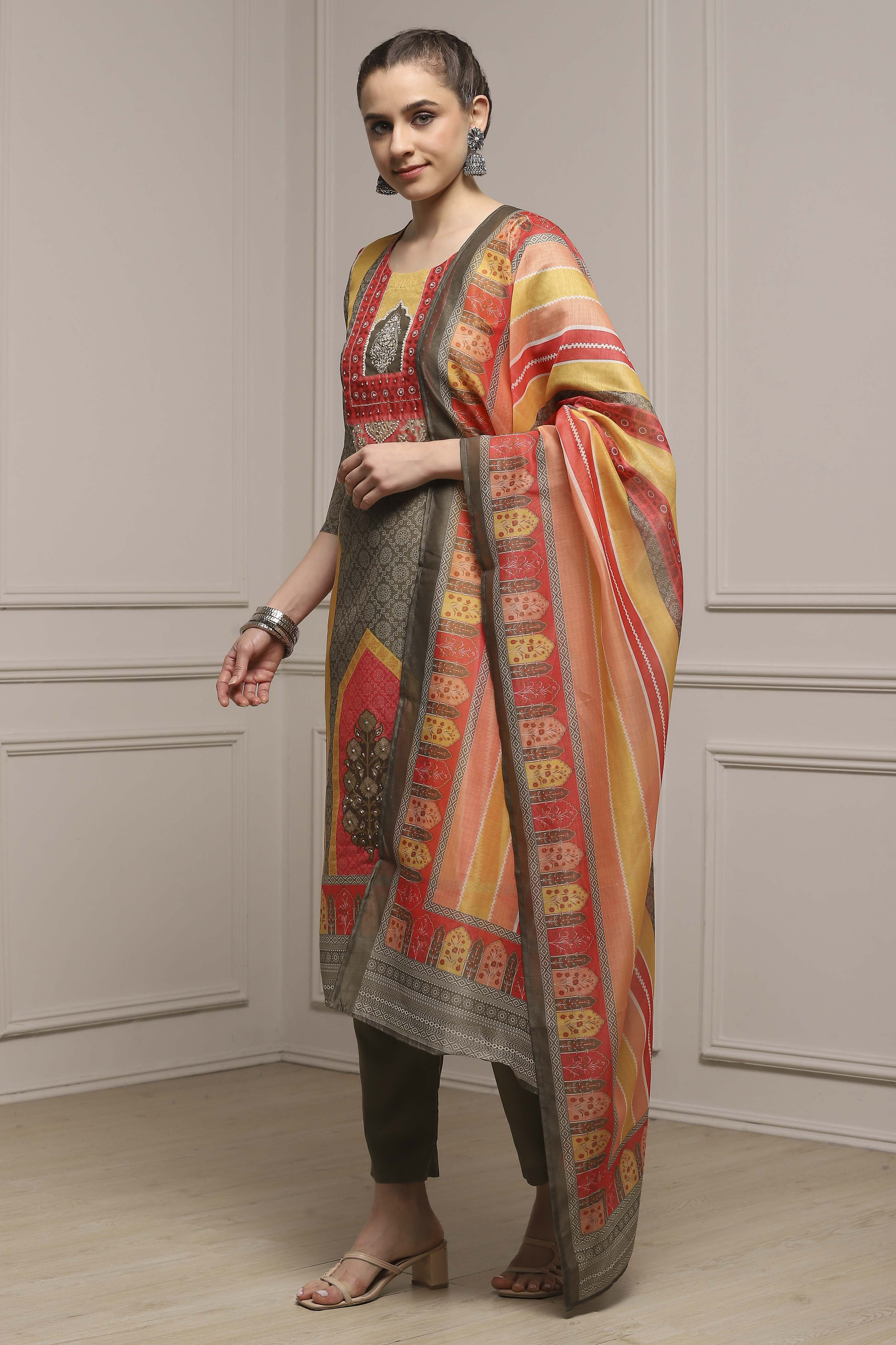 Assorted Chanderi Blend Printed Embroidered Unstitched Suit Set image number 4