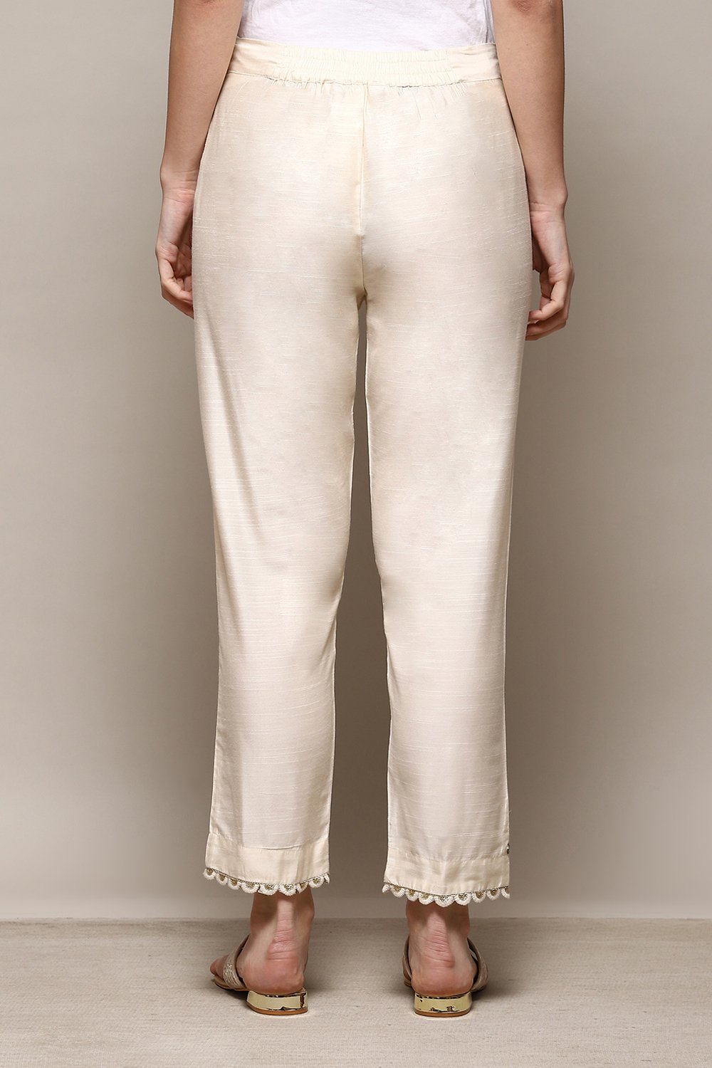 Antique Beige Polyester Slim Yarndyed Pants image number 4
