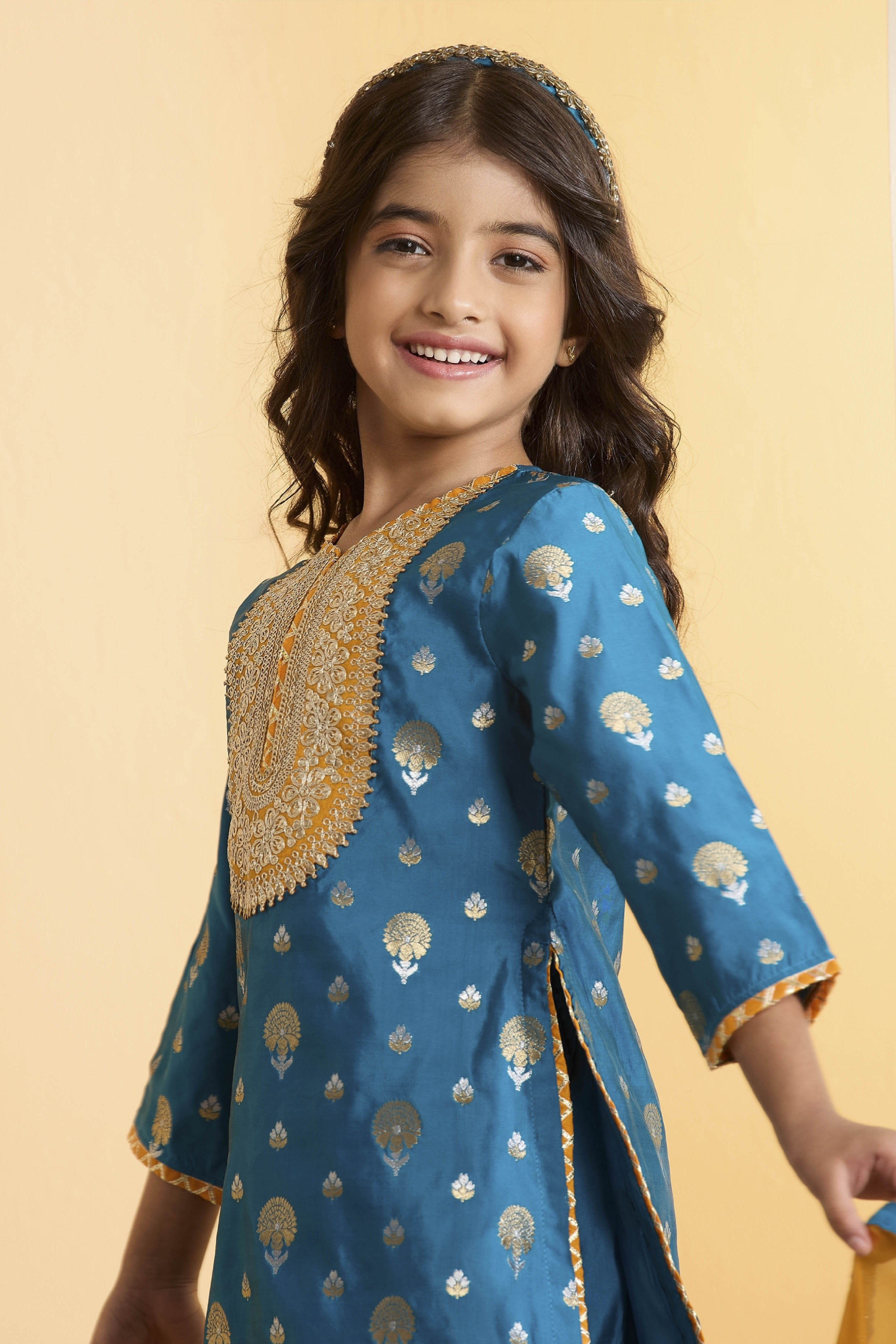 Teal Blue Brocade Yoke Design Short Kurta Set image number 1