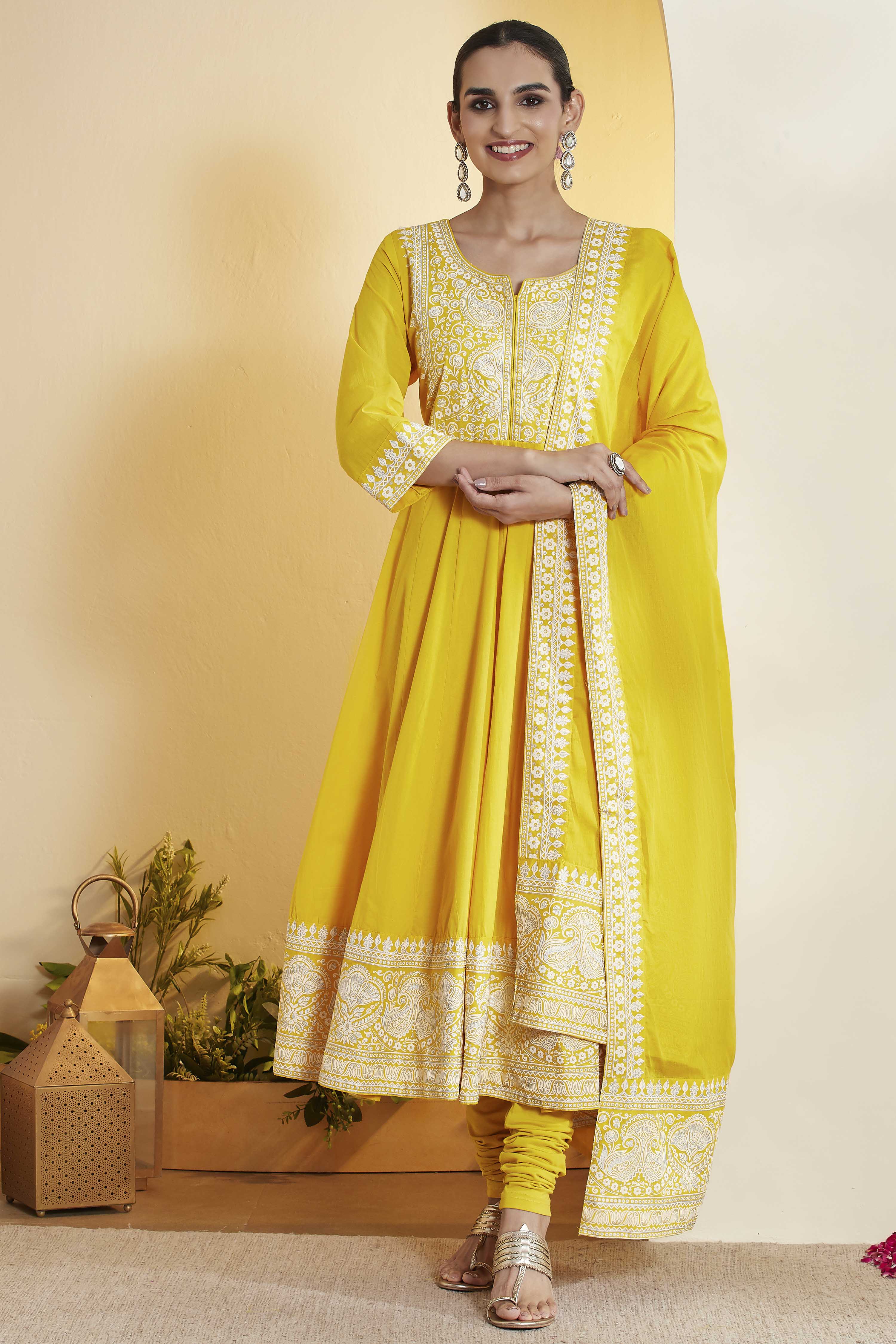 Yellow Cotton Floral Printed Anarkali Kurta Set image number 7