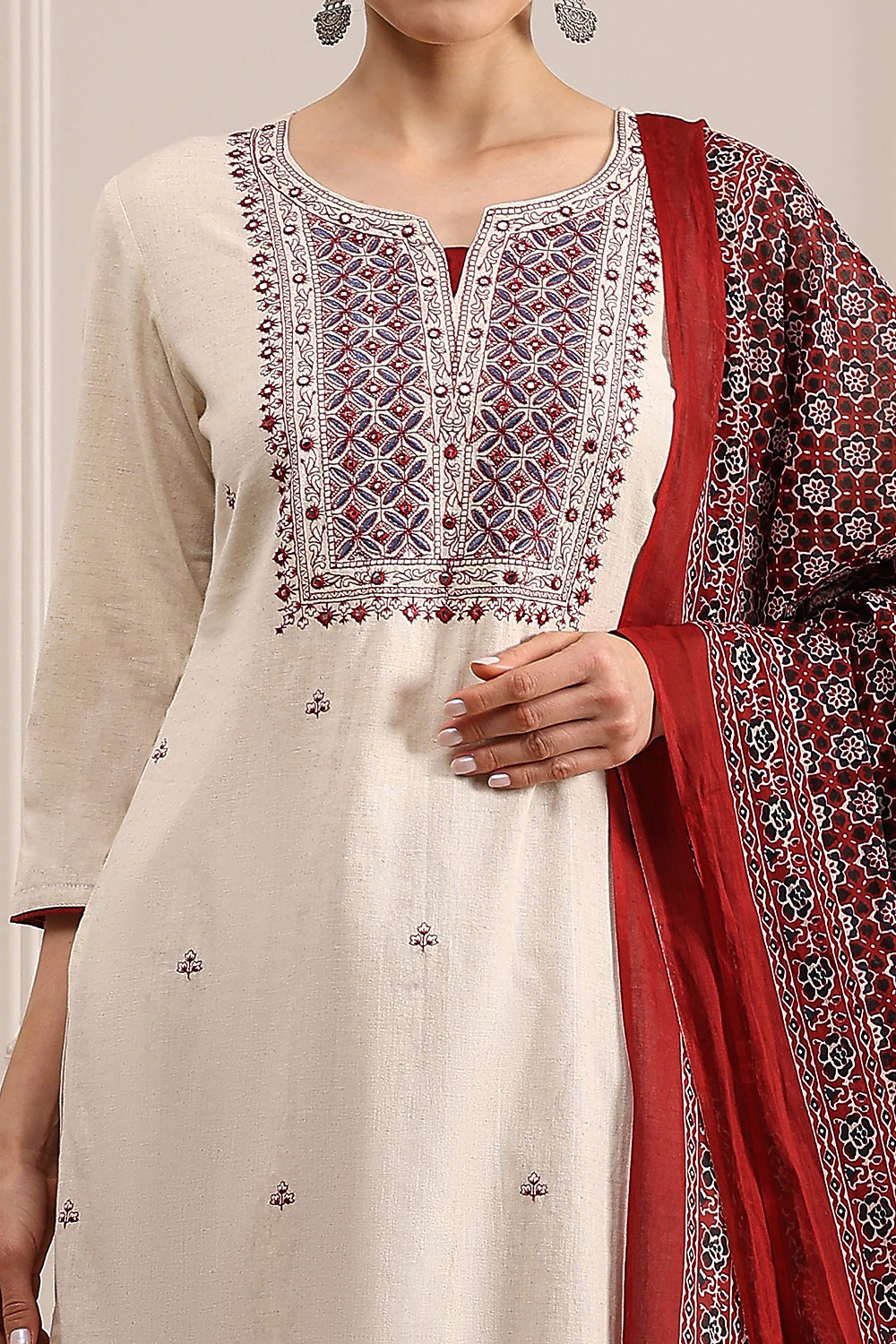 Beige Cotton Machine Embroidered Unstitched Suit Set image number 2