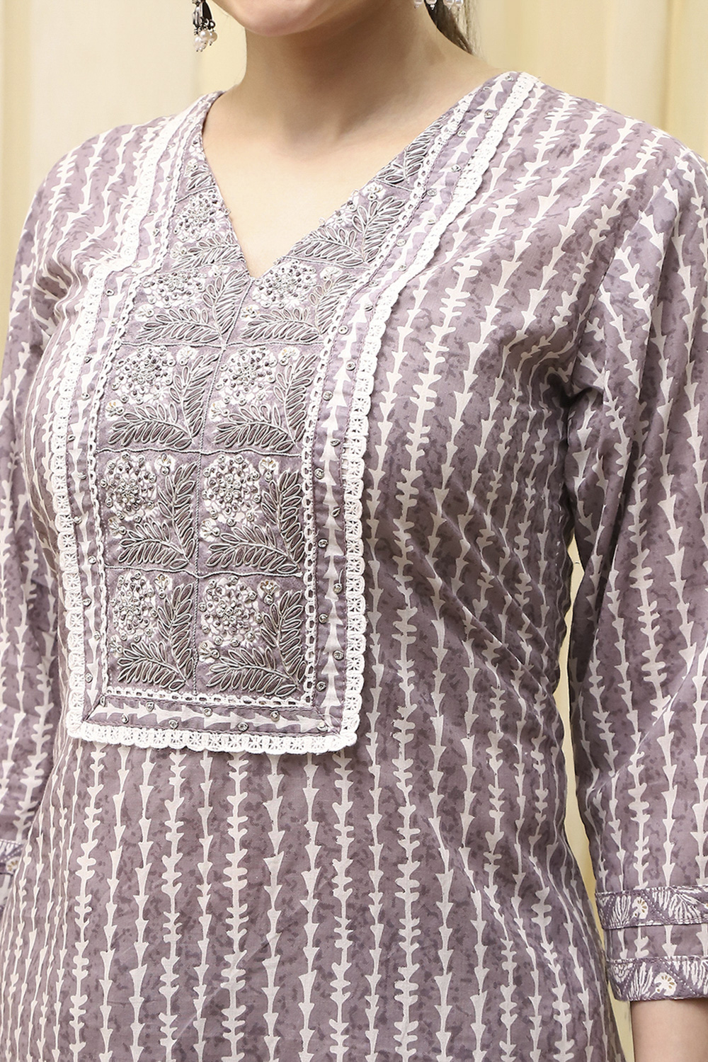 Grey Cotton Printed Unstitched Suit Set image number 2