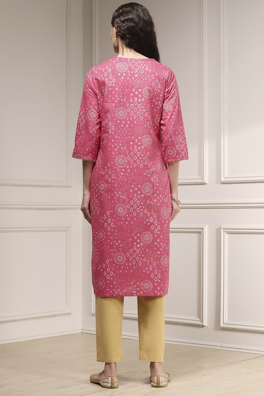 Beige Cotton Printed Straight Kurta image number 3